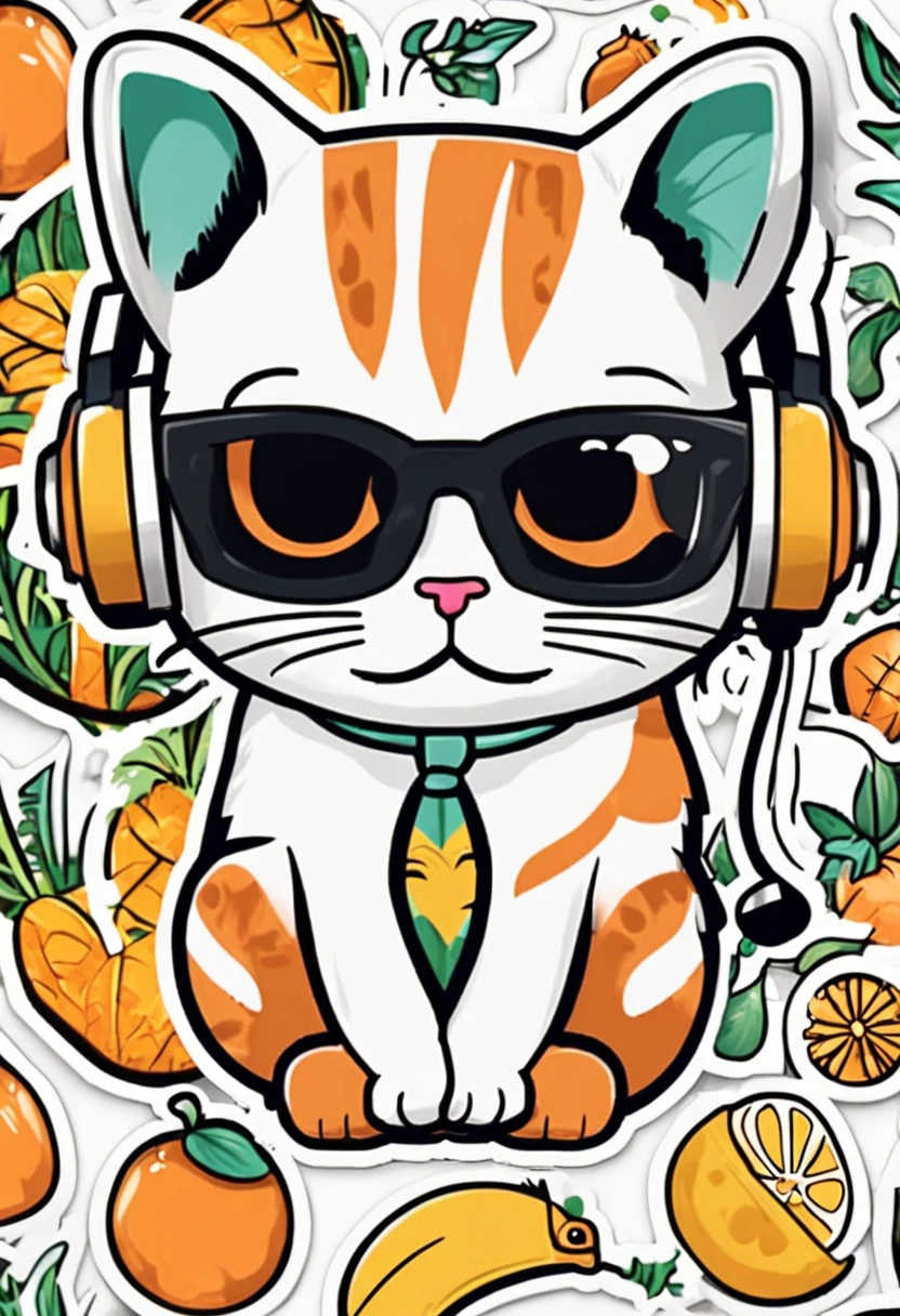 Cute stickers Cat DJs in sunglasses and headphones Tropical juices Tropical Beach Retro Classic Simple lineart 3〜5Stickers for children of the year old