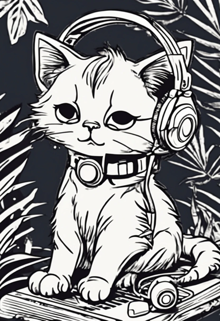 Cute stickers Cat DJs in sunglasses and headphones Tropical juices Tropical Beach Retro Classic Simple lineart 3〜5Stickers for the year old