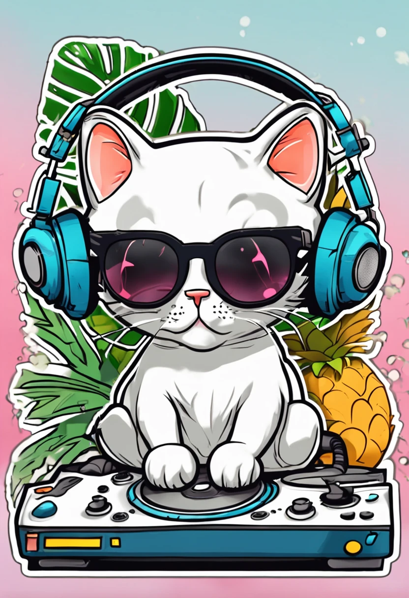 Cute stickers　Cat DJs in sunglasses and headphones　Tropical juices　Tropical Beach　Retro Classic　Simple lineart　３〜５Stickers for  the year old