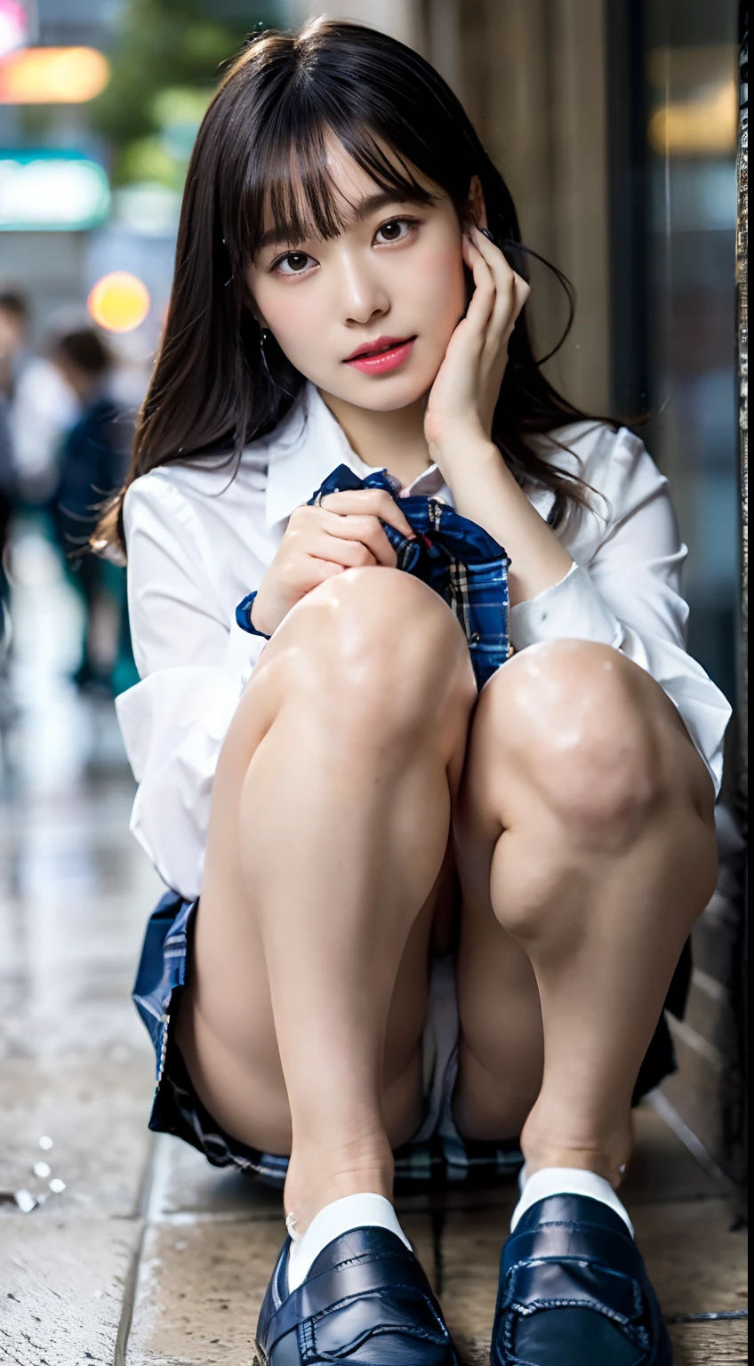 the Extremely Detailed CG Unity 8K Wallpapers、top-quality、ultra-detailliert、masterpiece、realisitic、Photo Real、extremely detailed cute girl、a short bob、18year old、High school girl sitting with crotch open、Sophisticated、Young children、Young sensuality、(High school student in Japan uniform)、((skirt rift))、((Lifted by yourself))、low angles、red blush、ruddy lips、looking at the viewers、Semi-body shot、(Large crowds)、(Crowded Shibuya)、(Japan high school uniform and designated shoes)、(Dark blue blazer:1.2)、(plaid skirts:1.5)、(White shirt for students)、 (Long tie:1.2)、(light brown random hair)、(White panty)、(cammel toe)、(Black loafers:1.5)、(beauitful face:1.3)、(perfectly proportions:1.2)、(Long feet:1.2)、(Beautiful:1.3)、((Panties can be seen from under the skirt))、(Textured skin)、(Japan high school uniform wet in the rain)、((wetting hair、wetted skin))、appearance、(Wet white panties)、sexy facial expression、Dark blue cardigan、((Open your crotch))、lure、AHE Face、I can see panties、(Skirt flips up)、(Light panties:1.3)、(wetting hair、wetted skin)、Sateen、cloudiness、throbbing、(NFSW)、Normal bit