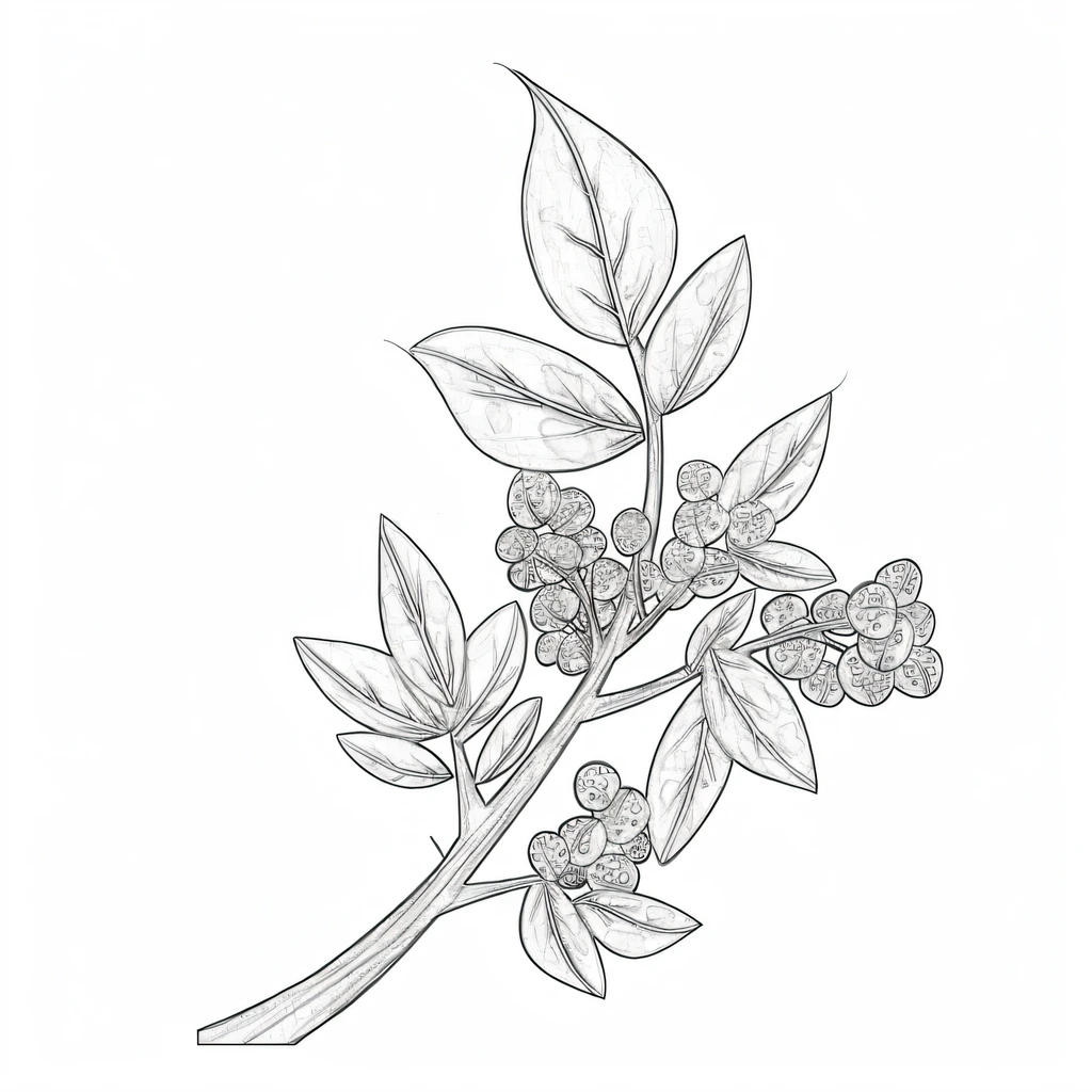 Drawing of peppercorns on a branch, Line art, Line - Art, Linear illustration, sketch illustratio, finely detailed illustration, botanical drawing, made with illustrator, highlydetailedillustrations, digitally drawn, traditional drawing style, highly detailed sketch, accurately drawn details, sketch black and white colors, stylized linework, line art illustration, Hand drawn illustrations