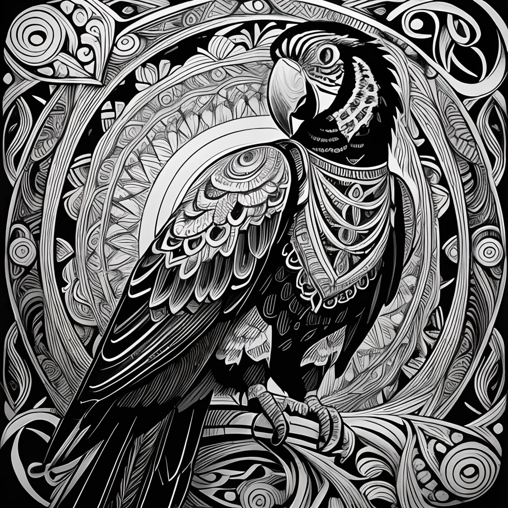 parrot, black and white, zentangle (best quality) ultra-detailed, fine line drawing, fine line art, coloring book illustration style, intricate linework, highly detailed illustration, perfect composition, beautiful and stunning, dynamic angle, high contrast, incredible shading, incredible detail, unique style, black and white details, (dark and mystical atmosphere), intricate and detailed nature elements.