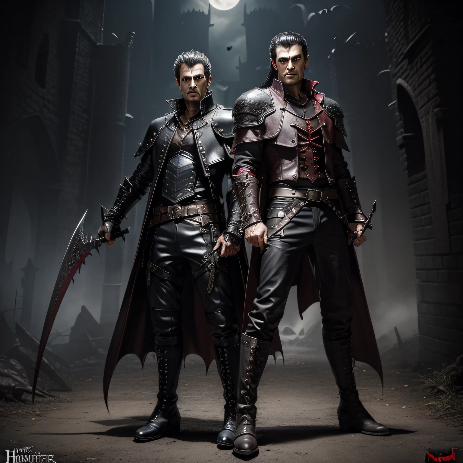 (vampire hunter:1.2), (dagger:1.3), (leather armor+baggy pants+leather boots:1.2), (hero pose:1.1), (scene located in vampire castle:1.1)