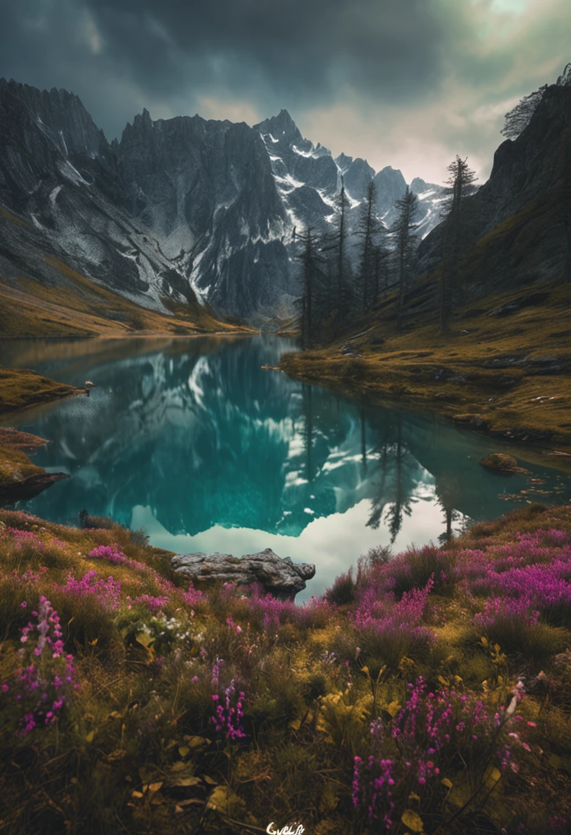 (Dark magic:1.2), (Grim:1.1) forest, springtime，alps, (Intricate details), A mirror-like lake，(ultra - detailed), 8k hdr, high detal, A lot of detail, High quality,Tyndall effect， (Colored:1.3)
