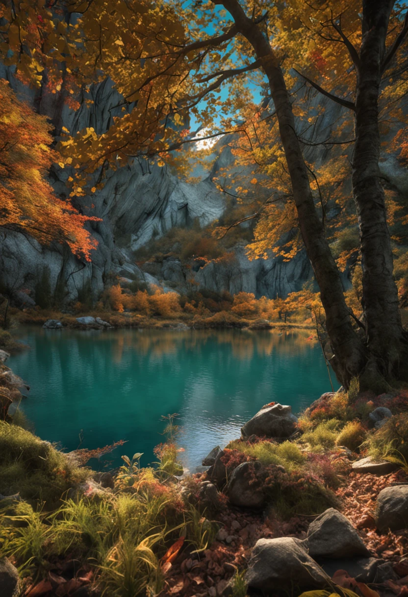 (Dark magic:1.2), (Grim:1.1) forest, springtime，alps, (Intricate details), A mirror-like lake，(ultra - detailed), 8k hdr, high detal, A lot of detail, High quality,Tyndall effect， (Colored:1.3)