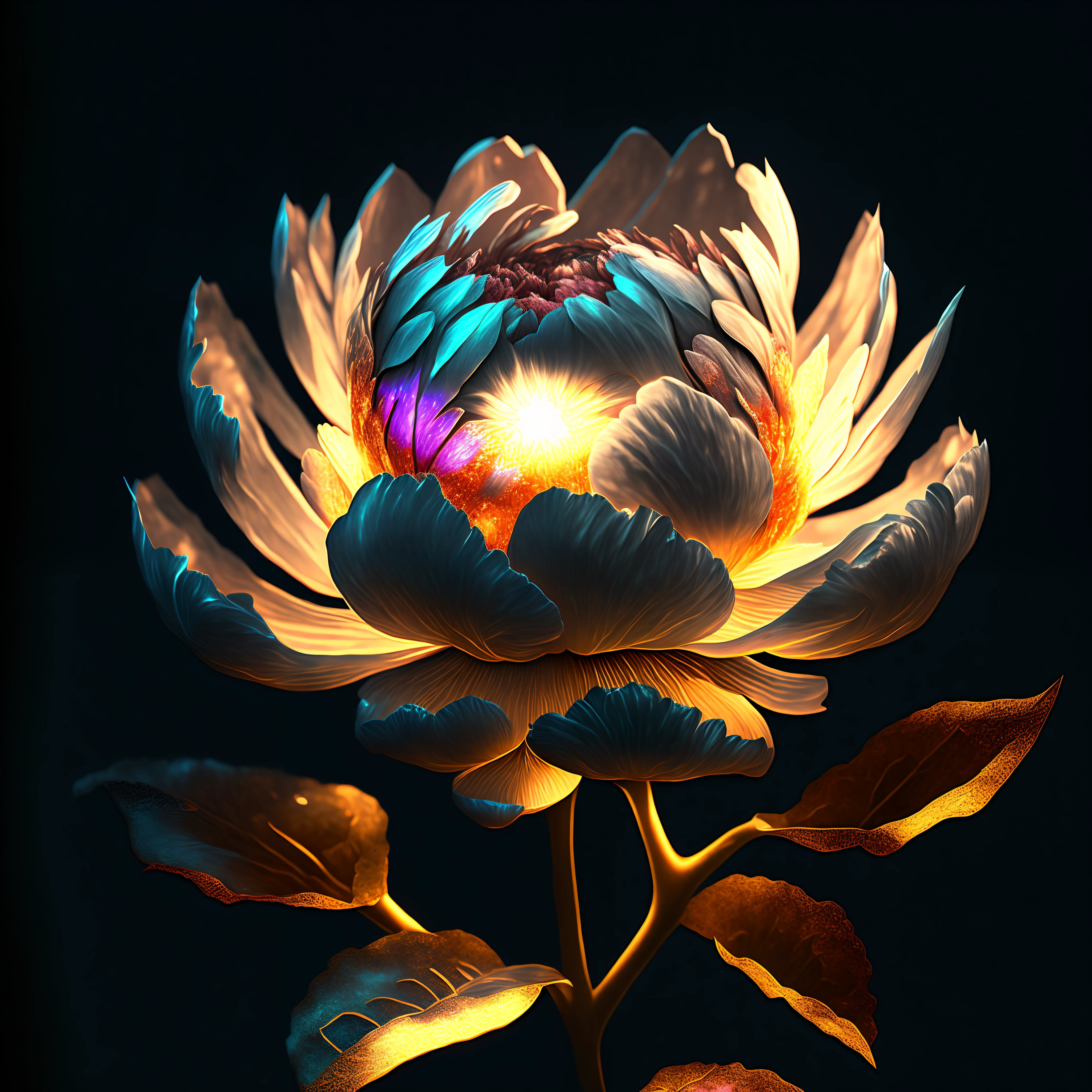 Peony flower, super transparent, holy light, beautiful spectrum light, petals glowing, shimmering, dark background, transparent light drops, reflected light, bright, light streaming in, optical, portrait silhouette, sharp focus, magical, intricate, hyper-realistic, fantasy, composition, light, artstation trend, pearl, patron saint cloud of silver steam, corroded surround ray family, 8k, real ar 23v4 uplight