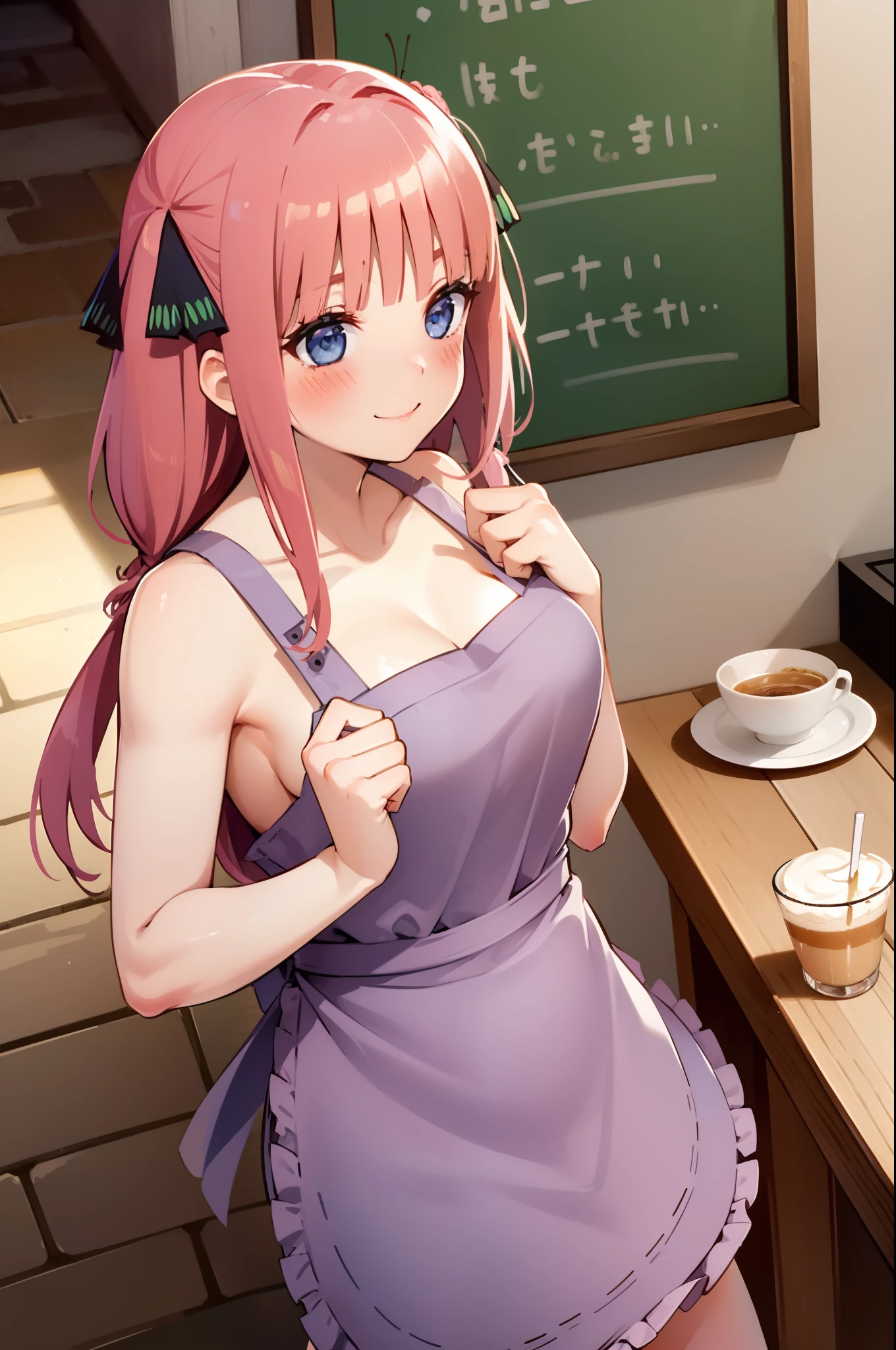 1girl, solo, nakano nino, pink hair, butterfly hair ornament, (naked:1.3), (white apron), large breasts, cleavage, thighs, cafe background, (blushing:1.3)