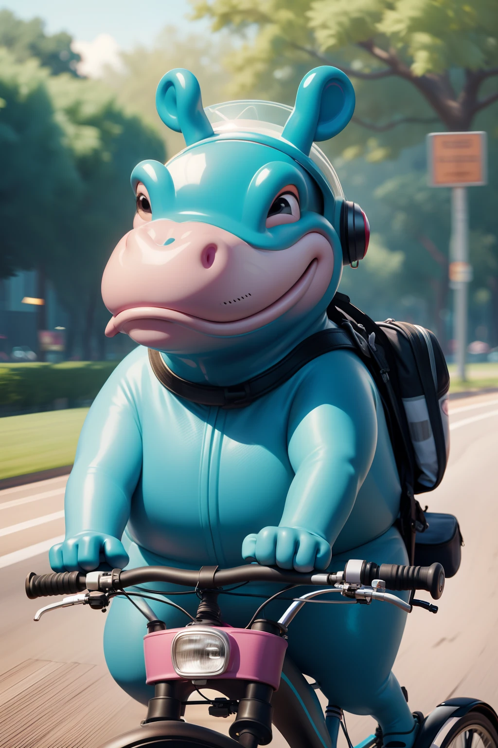 Funny and very funny hippopotamus in a bicycle helmet! on a small bicycle. a closeup of a. Blurred background when moving. Disney Pixar cartoon. a lot of details.