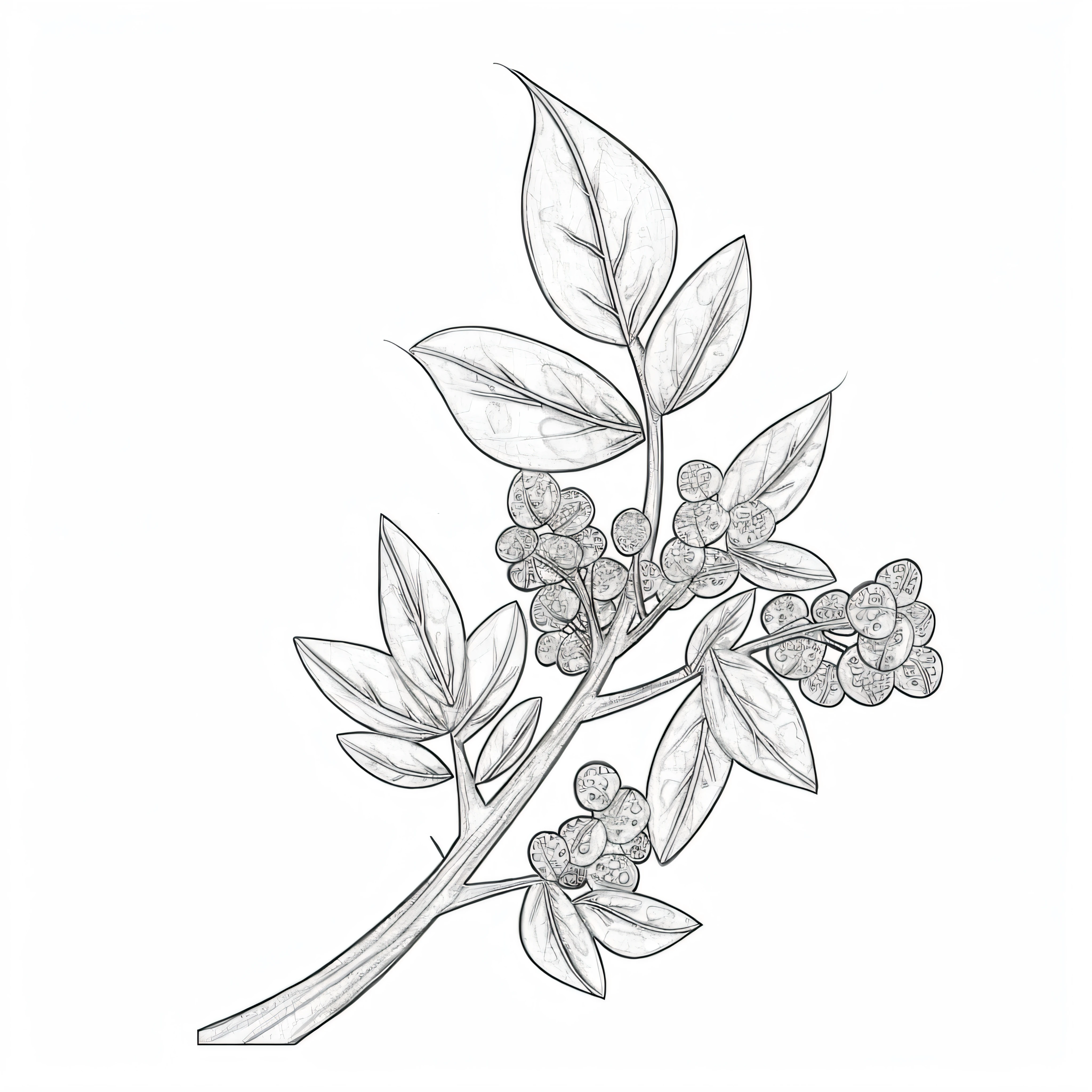 Drawing of peppercorns on a branch, Line art, Line - Art, Linear illustration, sketch illustratio, finely detailed illustration, botanical drawing, made with illustrator, highlydetailedillustrations, digitally drawn, traditional drawing style, highly detailed sketch, accurately drawn details, sketch black and white colors, stylized linework, line art illustration, Hand drawn illustrations