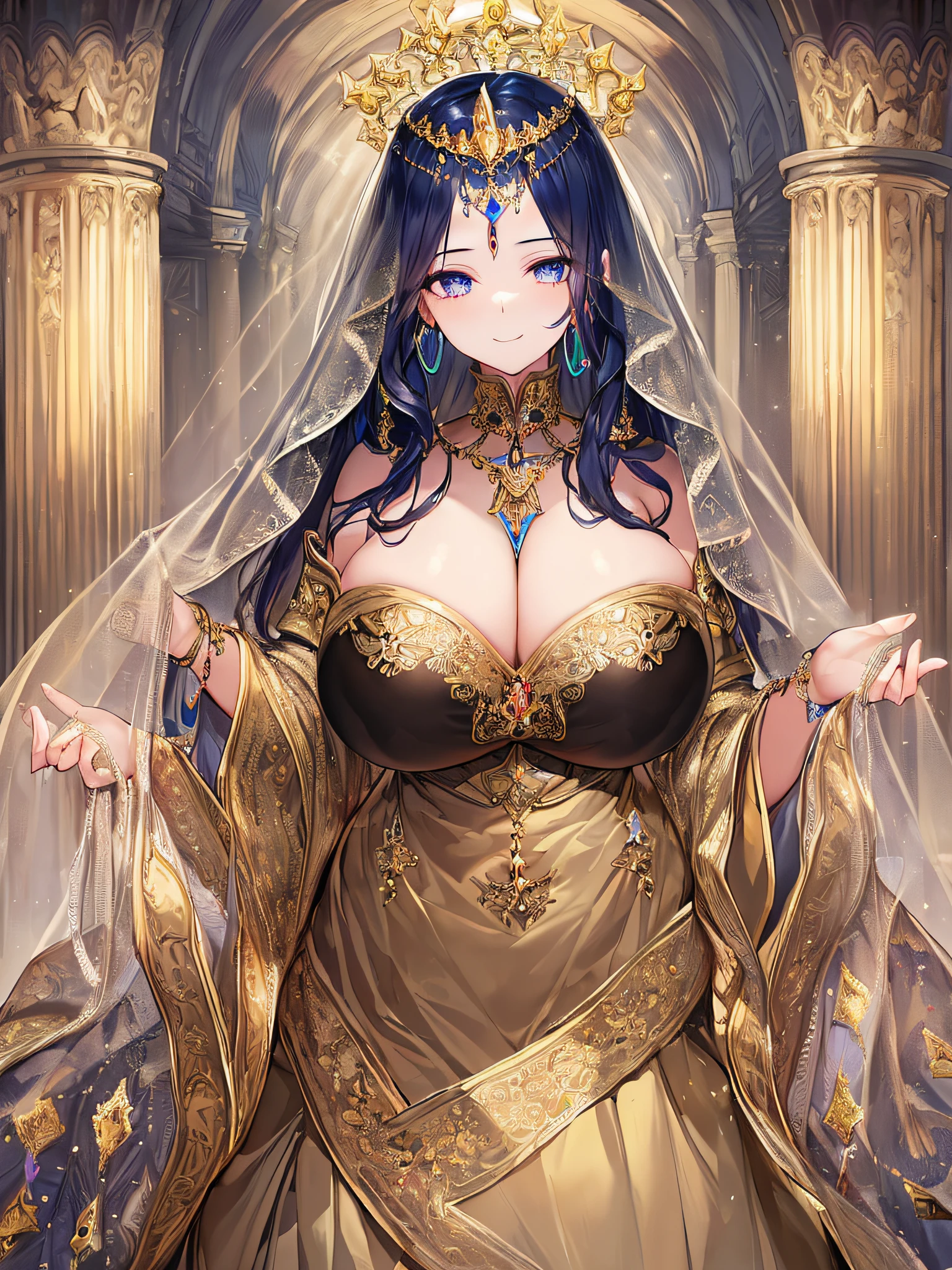 (anime artstyle),((Masterpiece,Best Quality,Super Detail,Very Delicate and Beautiful)),Solo,((full body,standing picture)),standing in the sacred cathedral,((Sacred atmosphere)),((1 holy High Priestess in beautiful embroidery and jeweled gorgeous rococo ballgown dress with voluminous full length hoop skirt)),(crinoline),gorgeousfull embroidery,(gorgeous gemstone jewelry),((gorgeousfull Sacred Veil)),(detailed face and eyes),jewel-like eyes,smile,((large amount of straight hair,extremely Long voluminous Hair)),((gigantic tits,Long tits,skindentation)),gorgeousfull embroidery,cleavage,extremely gorgeousfull hair ornament,(bling-bling extremely gorgeousfull jeweled tiara),gorgeous corsage,Stained glass,(Dynamic Angle),Looking at viewer,((full body)),((beautiful embroidery and jeweled gorgeous rococo ballgown dress with voluminous full length hoop skirt))