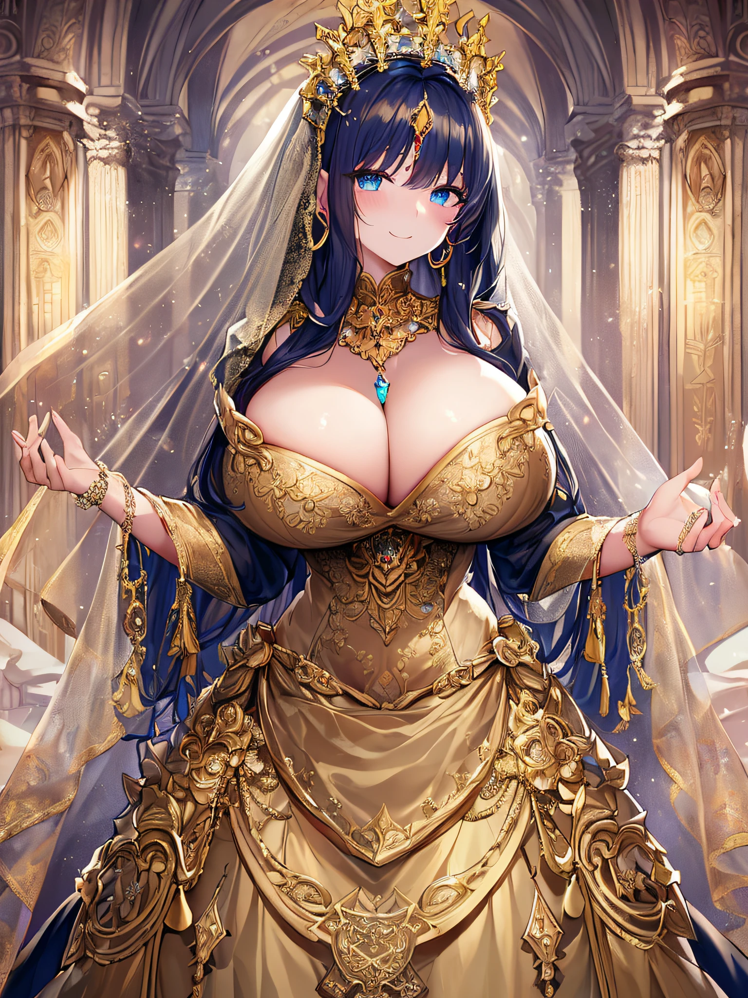 (anime artstyle),((Masterpiece,Best Quality,Super Detail,Very Delicate and Beautiful)),Solo,((full body,standing picture)),standing in the sacred cathedral,((Sacred atmosphere)),((1 holy High Priestess in beautiful embroidery and jeweled gorgeous rococo ballgown dress with voluminous full length hoop skirt)),(crinoline),gorgeousfull embroidery,(gorgeous gemstone jewelry),((gorgeousfull Sacred Veil)),(detailed face and eyes),jewel-like eyes,smile,((large amount of straight hair,extremely Long voluminous Hair)),((gigantic tits,Long tits,skindentation)),gorgeousfull embroidery,cleavage,extremely gorgeousfull hair ornament,(bling-bling extremely gorgeousfull jeweled tiara),gorgeous corsage,Stained glass,(Dynamic Angle),Looking at viewer,((full body)),((beautiful embroidery and jeweled gorgeous rococo ballgown dress with voluminous full length hoop skirt))