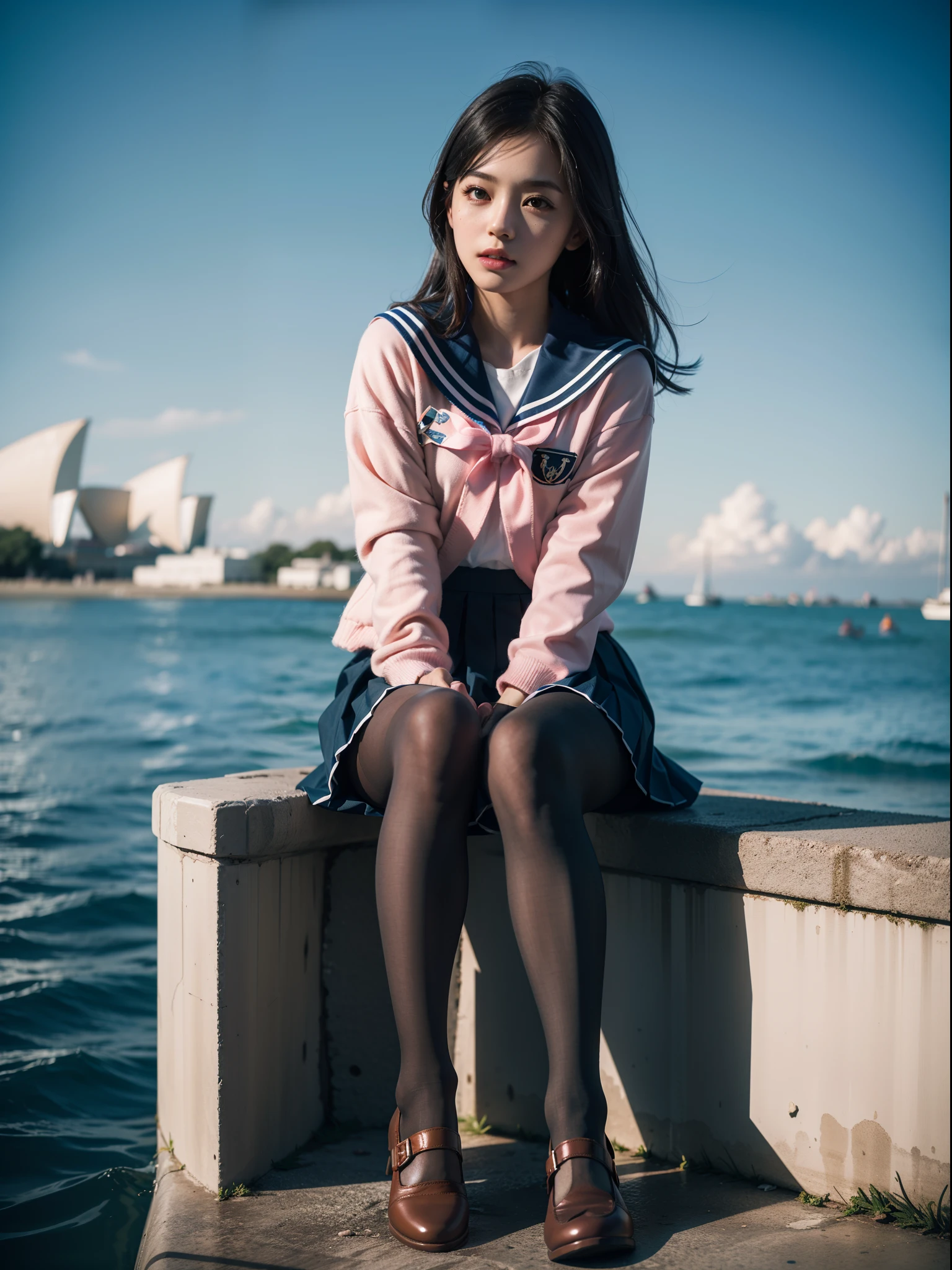 (full body:1.5)，(1girl:1.3),(view the viewer:1.4)，(anatomy correct:1.3),(Sitting on the sea:1.2),(A pink and blue Sailor suit and pleated skirt :1.2),(Tan Pantyhose:1.3),( JK uniform small leather shoes for female students :1.1)，(Accurate and perfect face:1.3),hyper HD, Ray traching, reflective light， structurally correct, Award-Awarded, high detail, lighten shade contrast, Face lighting ，cinematic lighting, masterpiece, super detailing, high quality, high detail, best quality, 16k，High contrast,