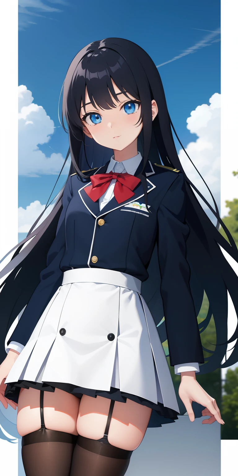 8K Exquisite Perfection Japan Manga Style 2D Black Hair Long Hair Azure Blue Eyes Little Lori is wearing a uniform wearing white stockings Looking ahead(School in the background)