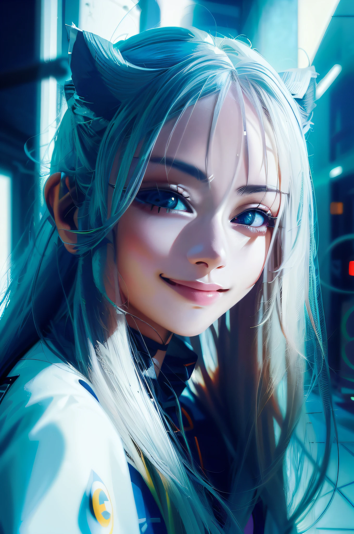 Anime girl with long hair and cat ears smiling at the camera, Stunning anime face portrait, portrait anime space cadet girl, a beautiful anime portrait, realistic anime artstyle, anime styled digital art, anime character portrait, Guviz-style artwork, Digital anime art, advanced anime digital art, anime portrait, portrait anime girl, Anime style portrait