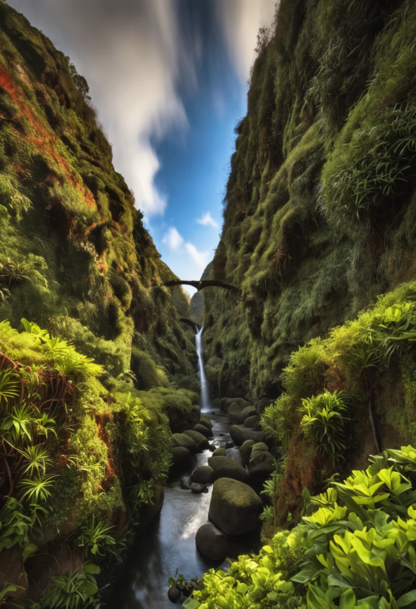 A levada in Madeira Island, daytime, sunlight, beautiful, balanced, high in details, sharp, 4K, HDR, professional photography,
