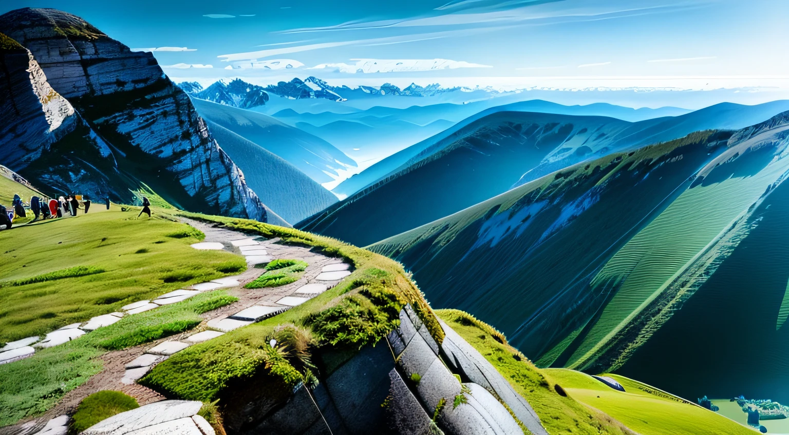 mountains with a grassy slope and a few people on it, alpine scenery, “ aerial view of a mountain, mountainous area, mountainous setting, the alps are in the background, mountainous terrain, by Matthias Weischer, mountainous background, alpes, time to climb the mountain path, vast mountain landscape, large mountains in back, beatiful mountain background