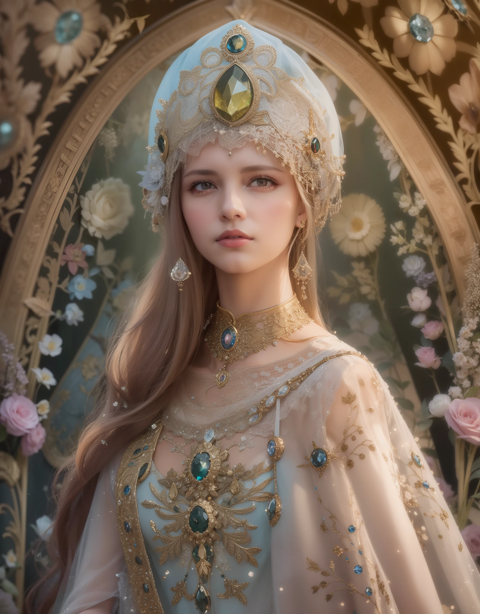 1 Russian Tsarina, Kokoshnik, Ancient Russia, shiny fabrics, Russian embroidery, Masterpiece, portraite of a, a closeup of a, gems, In the background is the Russian tower, radiance, shiny pollen, Elegantly, filigree, Cinematic, 4k