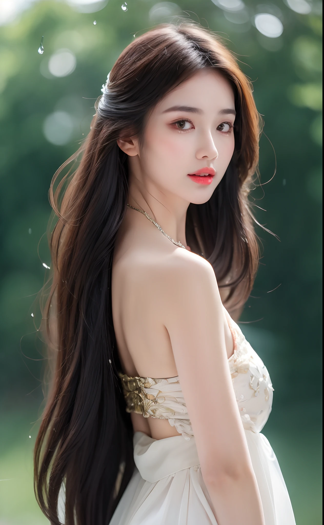 ((Best Quality, 8k, Masterpiece: 1.3)), Focus: 1.2, Perfect Body Beauty: 1.4, Buttocks: 1.2, ((Layered Haircut)), (Wet Clothes: 1.1), (Rain, Street:1.3), (Breasts: 1.2), (Hanfu: 1.2), Bare Shoulders, Bare Legs, Highly Detailed Face and Skin Texture, Fine Eyes, Double Eyelids, Whitened Skin, Long Hair, (Shut Up: 1.5), (Bokeh Background: 1.5), Big Breasts