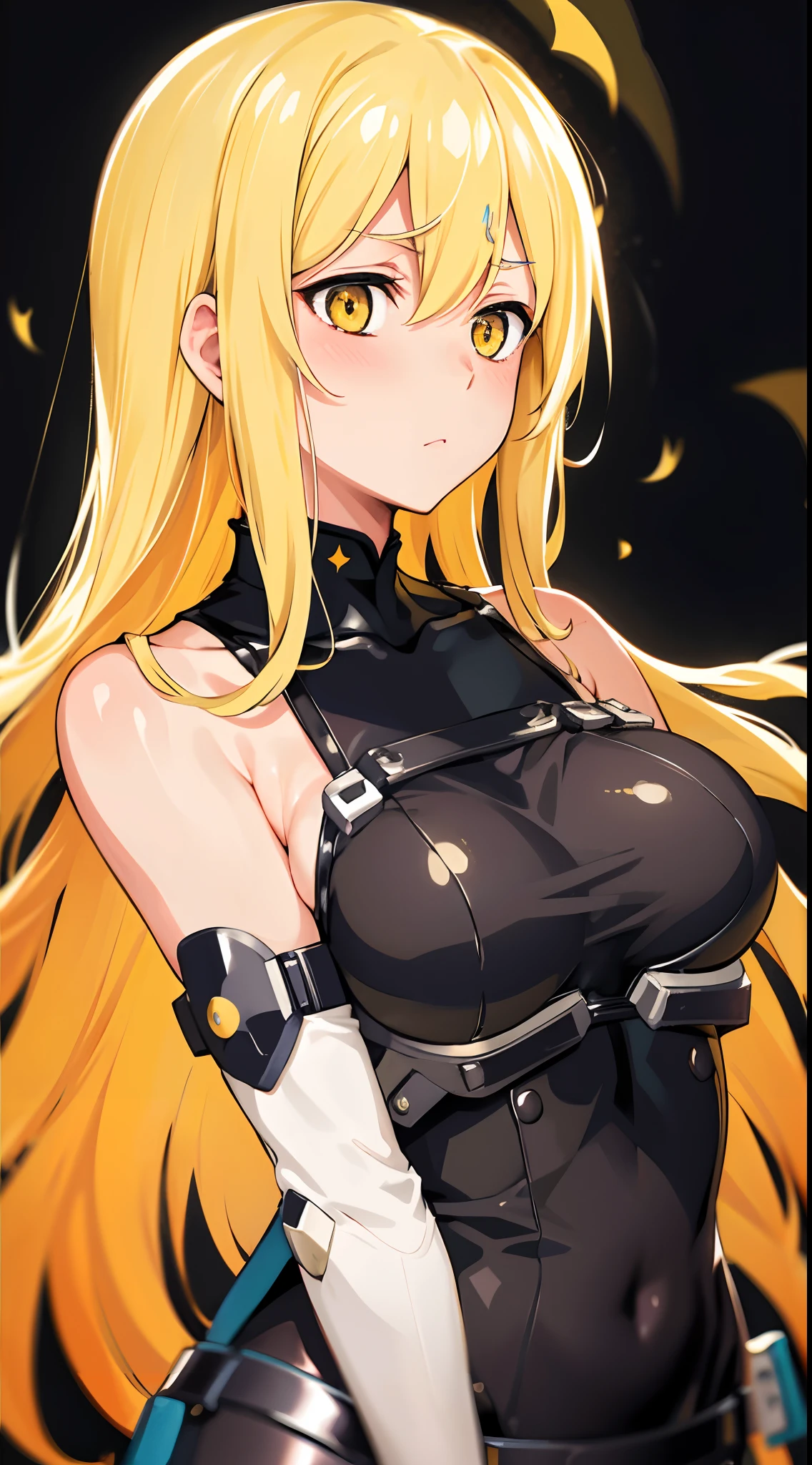 masterpiece, best quality, 1girl, looking at viewer, cute, bra, medium breasts, yellow eyes,  aiz wallenstein,  yellow hair, long hair, beautiful detailed eyes, embarrassed, (upper body:1.4), simple background