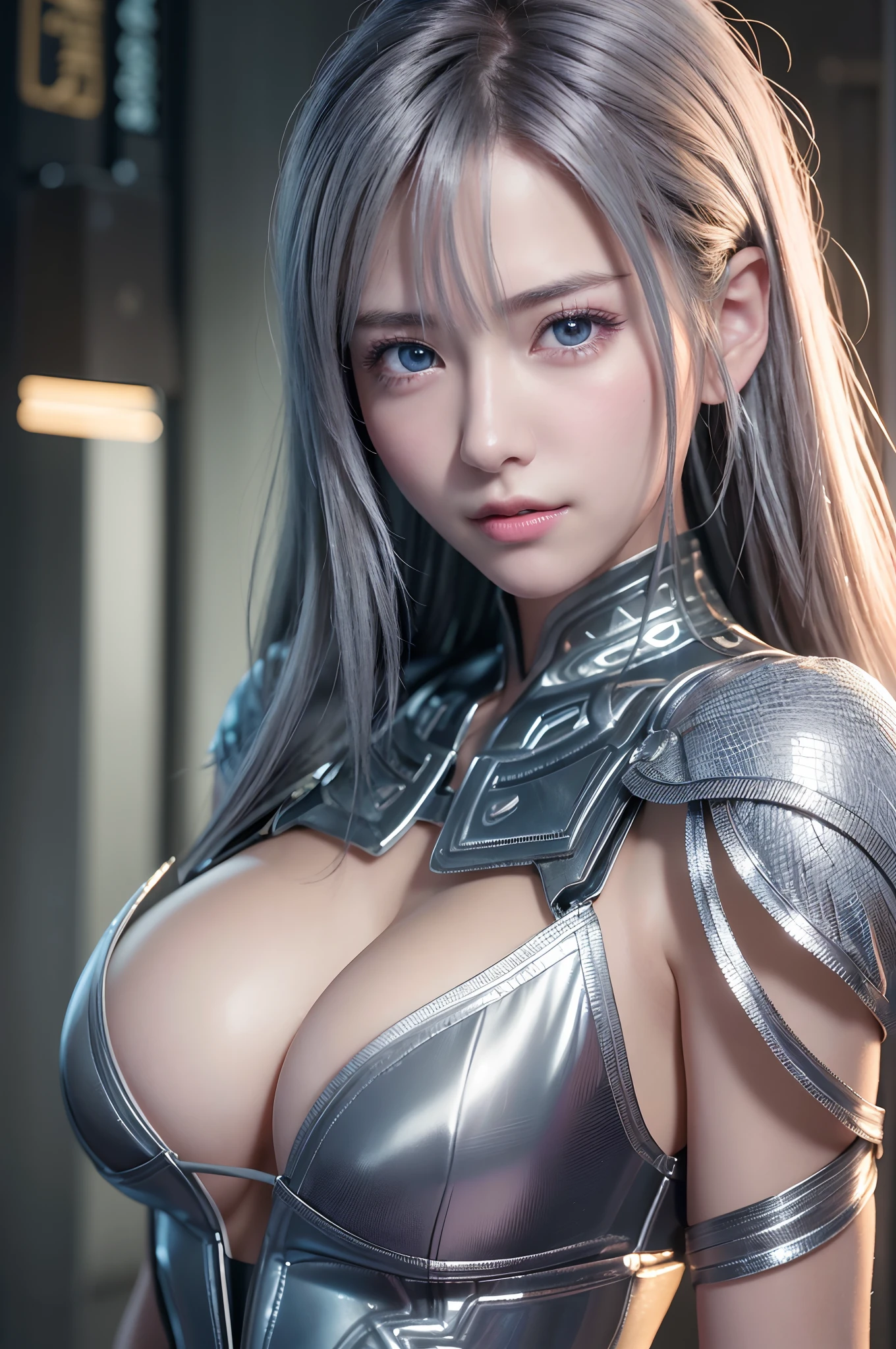 top-quality、8K Masterpiece、超A high resolution、(Photorealsitic:1.3)、Raw photo、1人、silver white hair、glowy skin、1 Cyberpunk Super Beautiful Soldier、((super realistic details))、portlate、globalillumination、Shadow、octan render、8K、ultrasharp、beauty breast、Raw skin is exposed in cleavage、metals、cold color、、highly intricate detail、Realistic light、CGSoation Trends、Beautiful eyes、radiant eyes、Facing the camera、neon details、