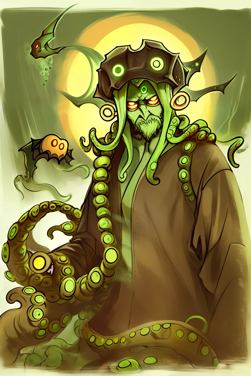 There is a man in a hooded jacket who has a green light, Ilithid, Eldritch Being, God of Eldritch, Iritized Mind Flare, Cthulhu Photos, Mind Flayer, Lovecraft inspiration, Cthulu, occult, Yellow King Hastur, lovecraftian, Eldritch, cultist