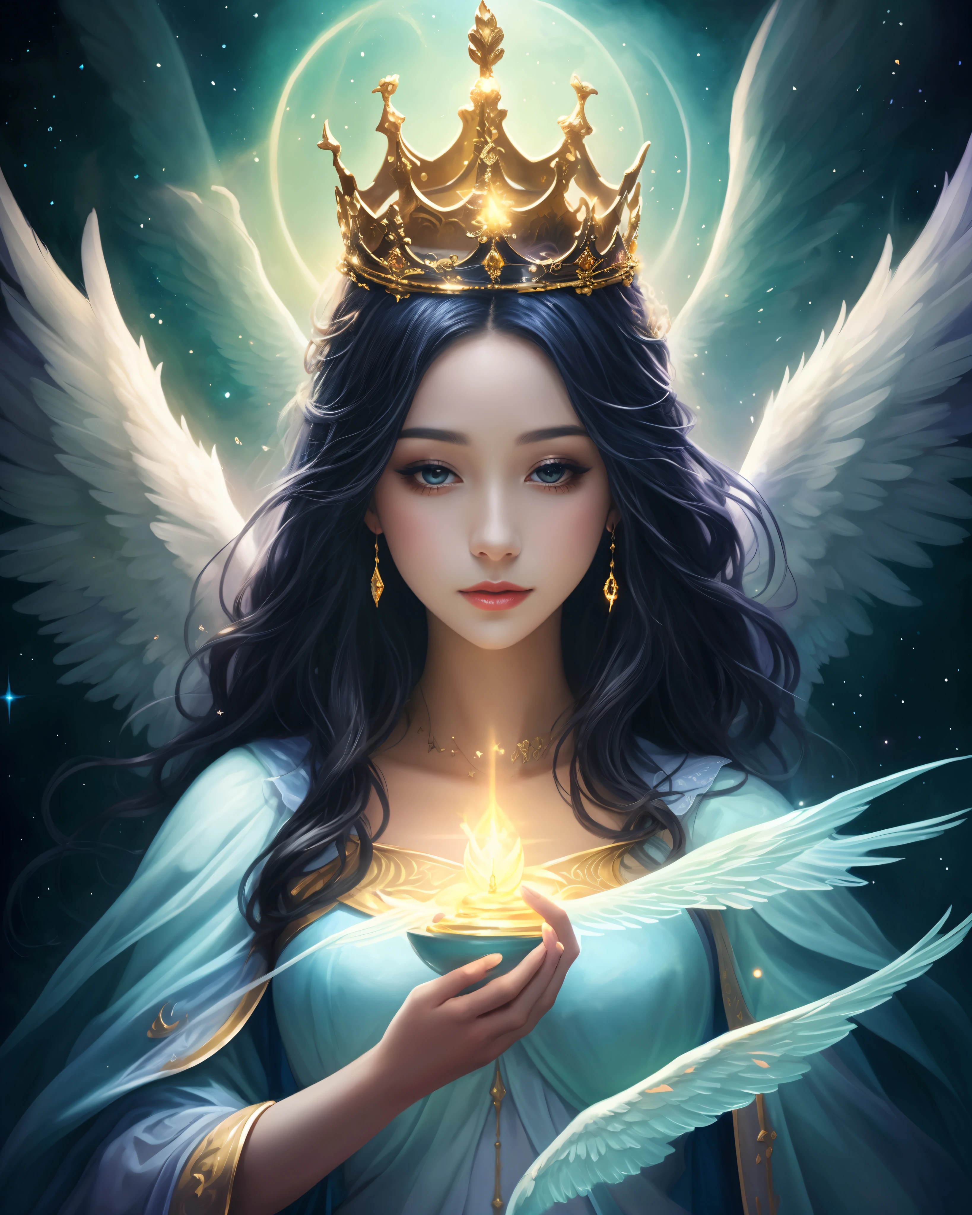 masterpiece, ultra wide shot, a woman with beautiful wings and a crown holding a star, glowing angelic being, ethereal angelic being of light, beautiful angel, of beautiful angel, beautiful female angel, angelic light, goddess of light, beautiful fantasy art, portrait of a beautiful angel, angel spirit guide, very beautiful fantasy art, detailed fantasy digital art, high quality fantasy art, digital fantasy art ), volumetric lighting, Canon 2000D,UHD