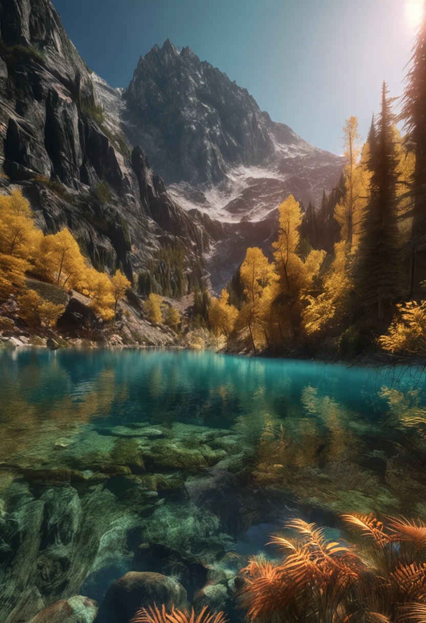 (Light magic:1.2), (Grim:1.1) forest, springtime,alps, (Intricate details), A mirror-like lake,(ultra - detailed), 8k hdr, high detal, A lot of detail, High quality,Tyndall effect, (Colored:1.3)