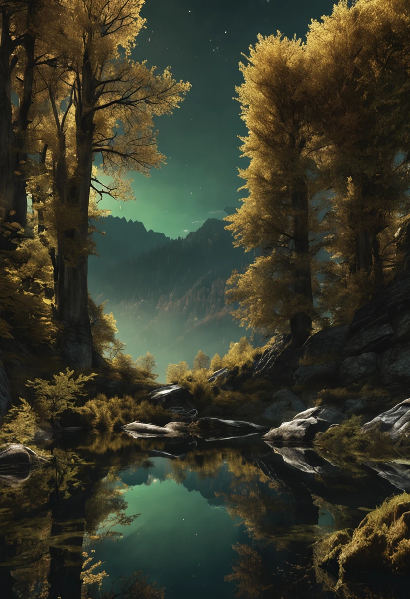 (Light magic:1.2), (Grim:1.1) forest, springtime,alps, (Intricate details), A mirror-like lake,(ultra - detailed), 8k hdr, high detal, A lot of detail, High quality,Tyndall effect, (Colored:1.3)