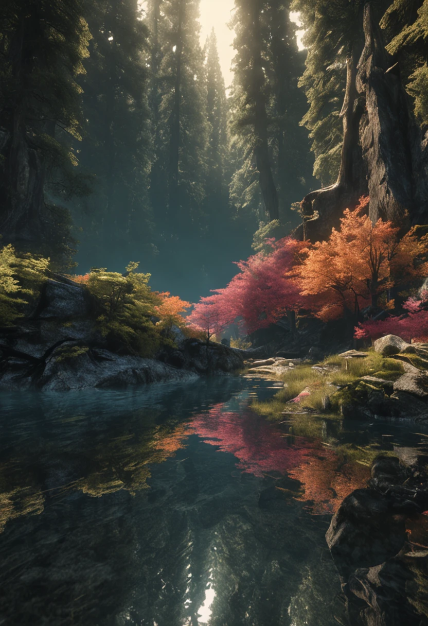 (Light magic:1.2), (Grim:1.1) forest, springtime,alps, (Intricate details), A mirror-like lake,(ultra - detailed), 8k hdr, high detal, A lot of detail, High quality,Tyndall effect, (Colored:1.3)