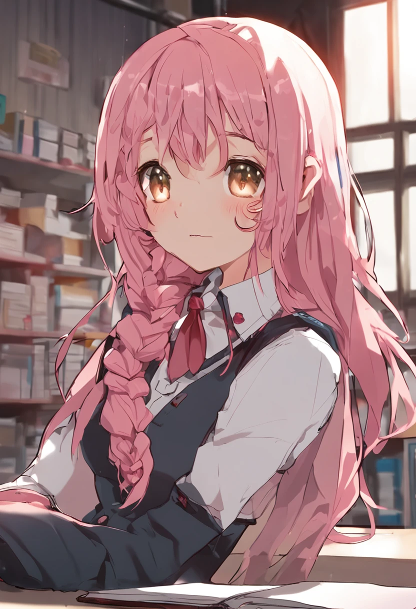 One girl with long hair and uniform, pink hair, looking away, sitting, embarrassed, blushing, mouth small open, classroom (girl leaking pee): 0.4)