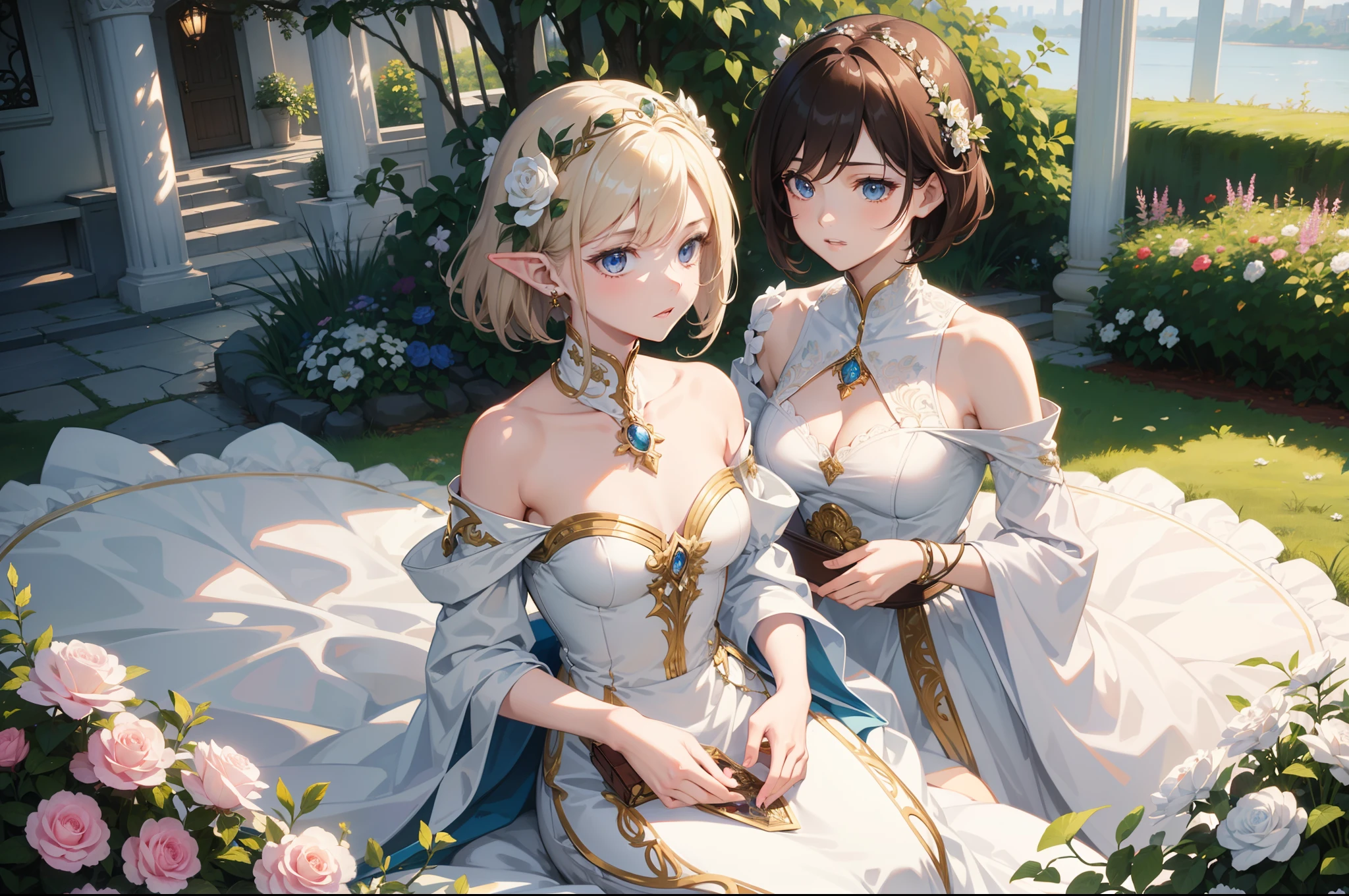 Official Art, Masterpiece European female, elvish, short hair, pale brown hair , brown eyes, (masterpiece、top-quality、hight resolution: 1.4),in 8K, Drawing of a woman with short pale brown hair, Anime Art Nouveau, highly detailed exquisite fanart, anime fantasy illustration, clean detailed anime art, detailed anime art, Sharp Focus, Delicate Beautiful Hair and Eyes and Face, realisitic, ultra-detailliert, flower garden, only one person