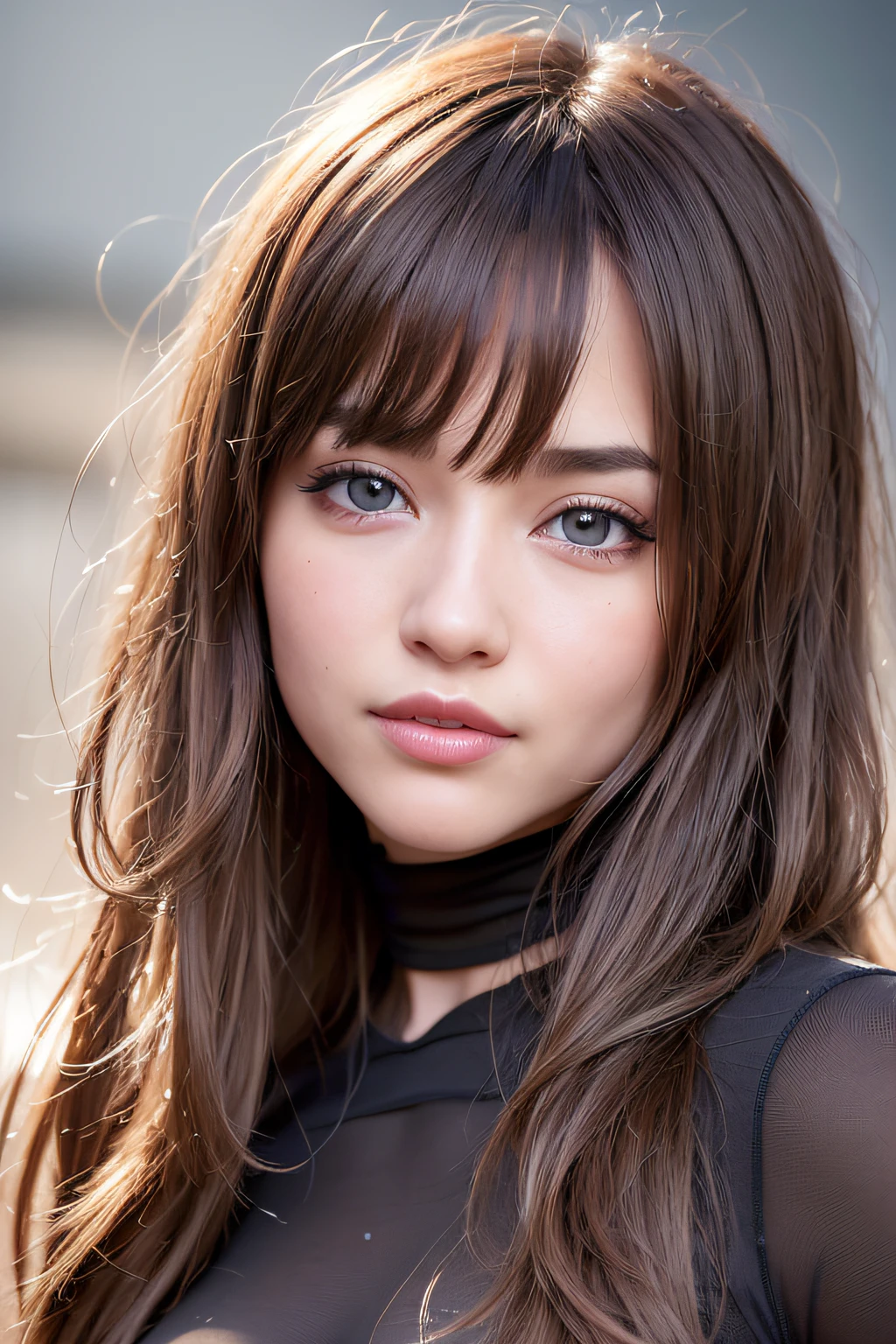 Best quality, 8k,  ,Masterpiece :1.3)), facing viewer,((full body1.2)) ,pretty woman, wide shot ,1girl, , selfie   , ,  Graffiti Wall, brown hair  , bangs,ultra-detailed face, highly detailed lips, detailed eyes, double eyelid