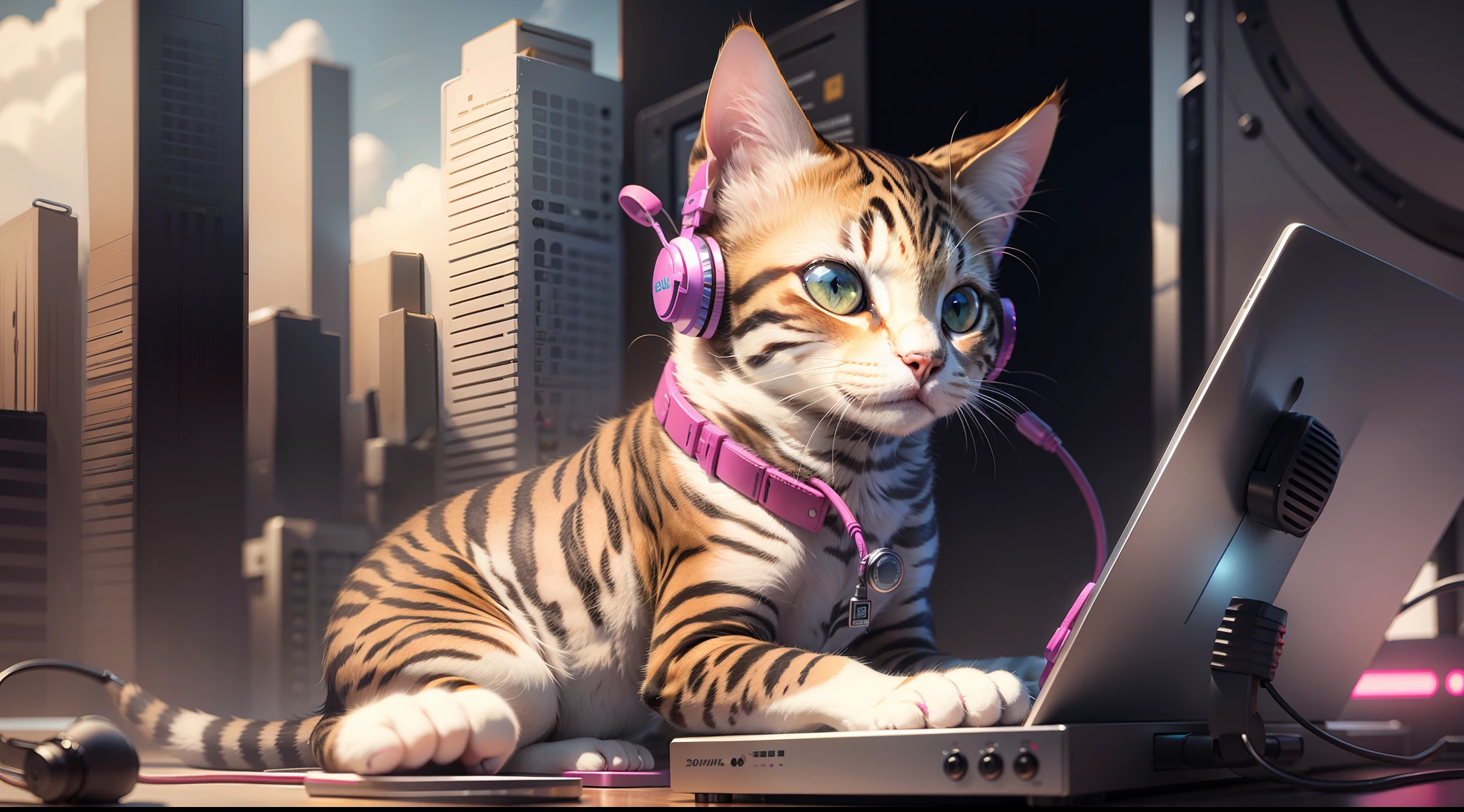Feline cat DJ, playing music, headset