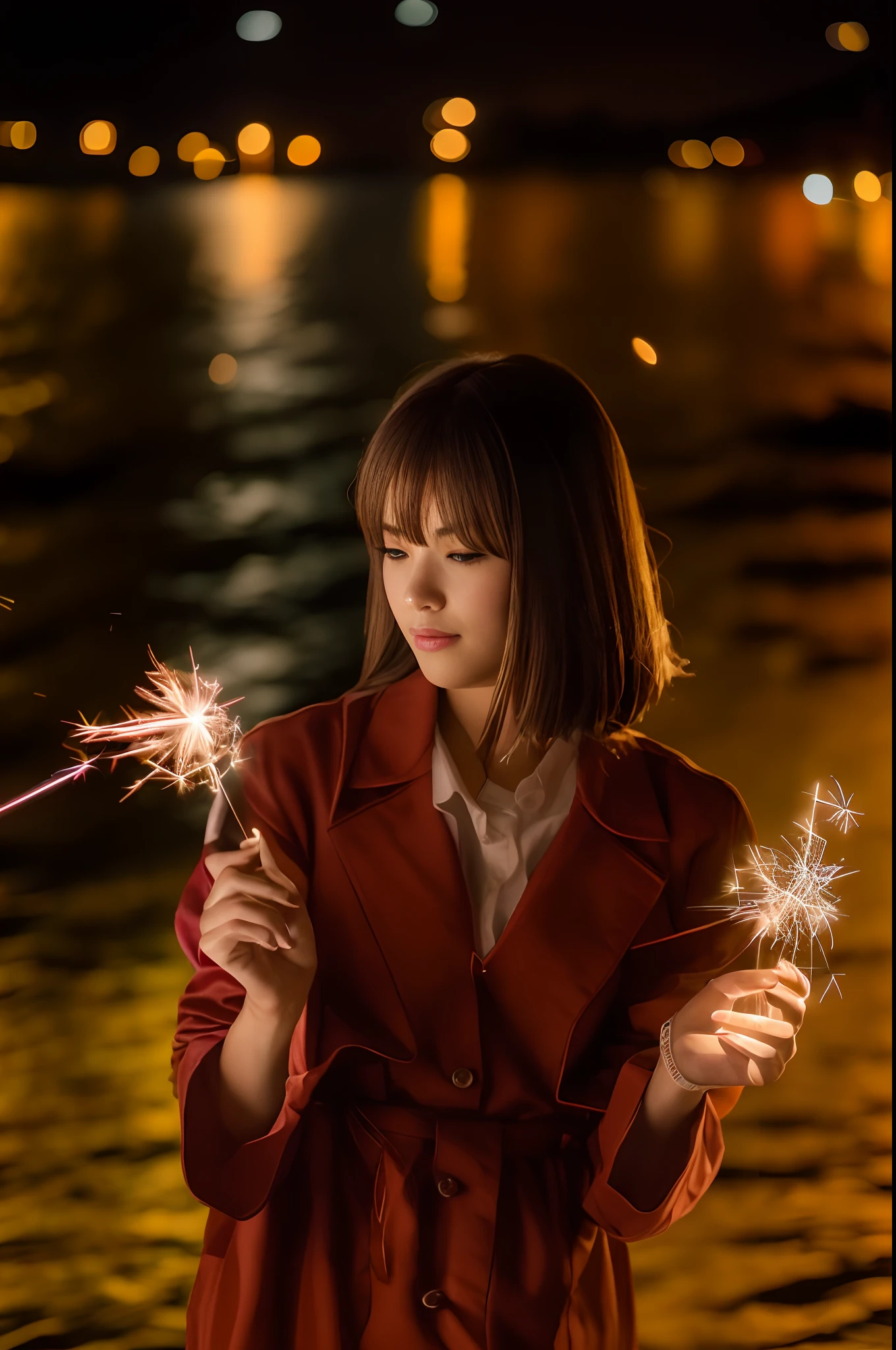 Woman holding fireworks in front of a body of water at night, fire works, shot with canon eoa 6 d mark ii, electric sparks, sparks flying, magical sparkles, taken with a Sony A7R camera, portrait shooting, taken with canon eos 5 d mark iv, brandon woelfel, spark of light, Fireworks