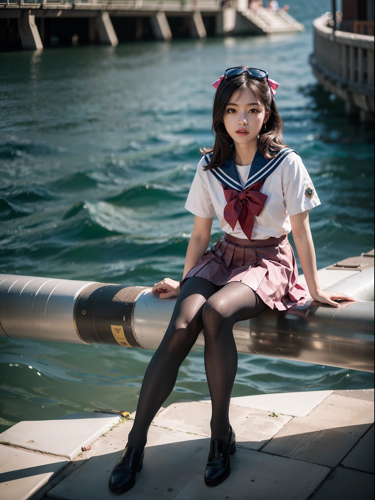 (full body:1.5)，(1girl:1.3),(view the viewer:1.4)，(anatomy correct:1.3),(Sitting on the sea:1.2),(A pink and blue Sailor suit and pleated skirt :1.2),(Tan Pantyhose:1.3),( JK uniform small leather shoes with bows for female students:1.1)，(Accurate and perfect face:1.3),hyper HD, Ray traching, reflective light， structurally correct, Award-Awarded, high detail, lighten shade contrast, Face lighting ，cinematic lighting, masterpiece, super detailing, high quality, high detail, best quality, 16k，High contrast,