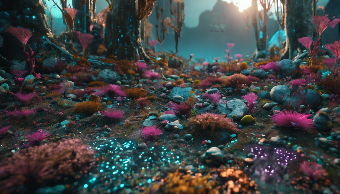 Ultra realistic image of an electronic forest, fios e videogames espalhados, Computer motherboards form the floor, tomadas gigantes, Metal tree, lago eletrificado, tons azulados e esverdeados, fotografia, altamente detalhado