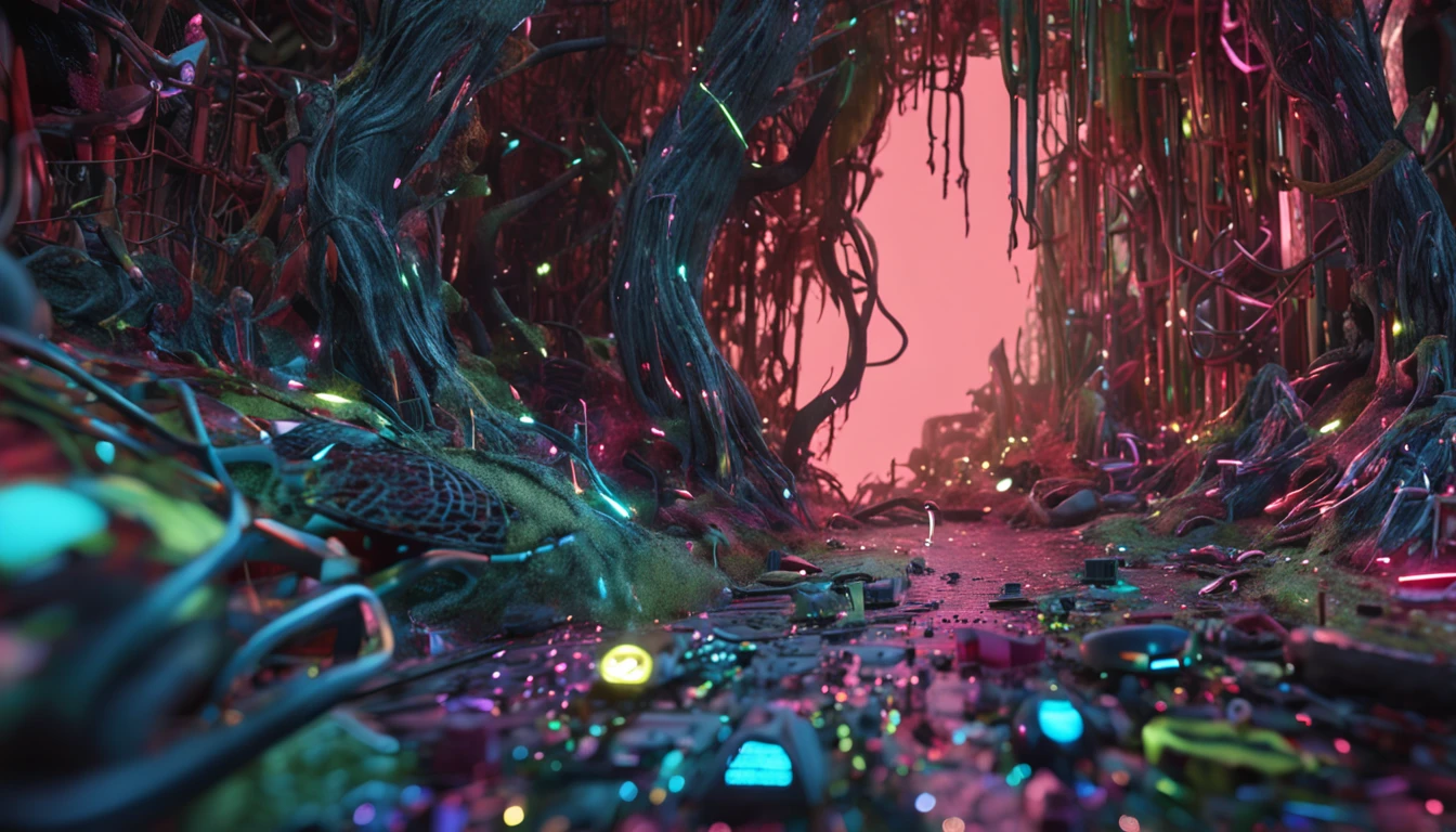 Ultra realistic image of an electronic forest, fios e videogames espalhados, Computer motherboards form the floor, tomadas gigantes, Metal tree, lago eletrificado, tons azulados e esverdeados, fotografia, altamente detalhado