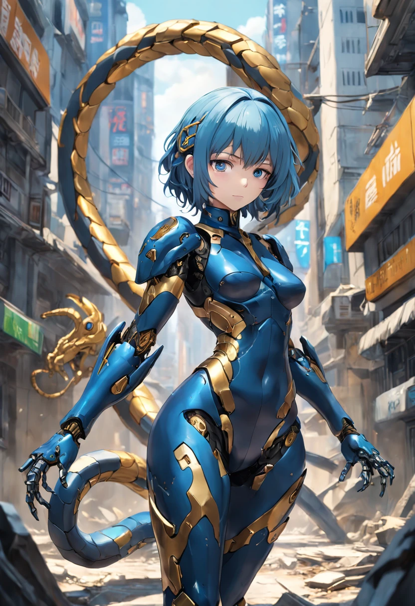 A medusa woman wearing a black mecha suit with gold metallic parts+silver robotic parts, blue hair, short hair, hair with snakes, looking at the viewer, (((pose interacting and leaning [on something in the environment|on an object]) )), a destroyed city, stone people, it's daytime, ((full body):1.5), 16k, UHD, best possible quality, ultra detailed, best possible resolution, Unreal Engine 5, professional photography, ((well- detailed)), ((fingers, well-detailed hand)), ((perfect_hands))