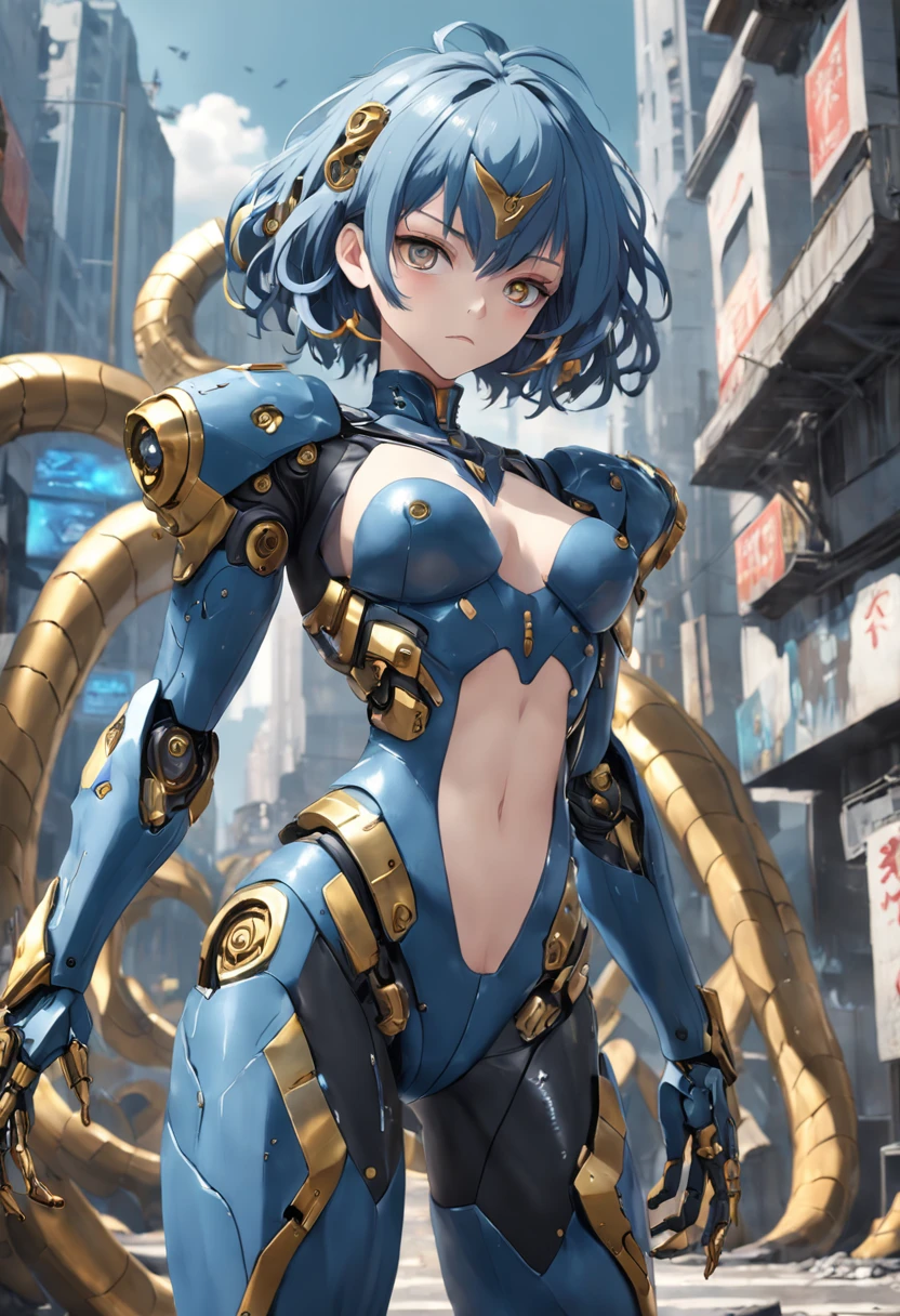 A medusa woman wearing a black mecha suit with gold metallic parts+silver robotic parts, blue hair, short hair, hair with snakes, looking at the viewer, (((pose interacting and leaning [on something in the environment|on an object]) )), a destroyed city, stone people, it's daytime, ((full body):1.5), 16k, UHD, best possible quality, ultra detailed, best possible resolution, Unreal Engine 5, professional photography, ((well- detailed)), ((fingers, well-detailed hand)), ((perfect_hands))