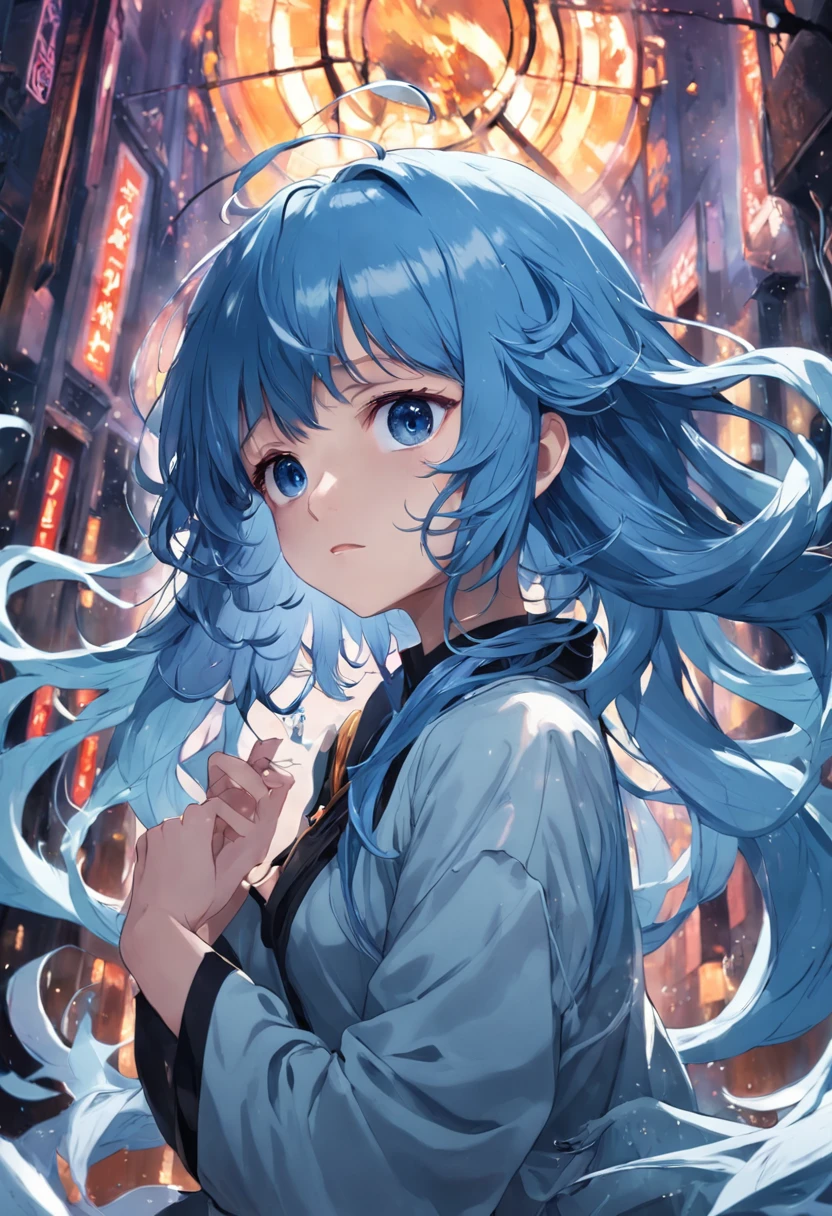 fume, fume, blue hair, retina, masterpiece, best qualit
