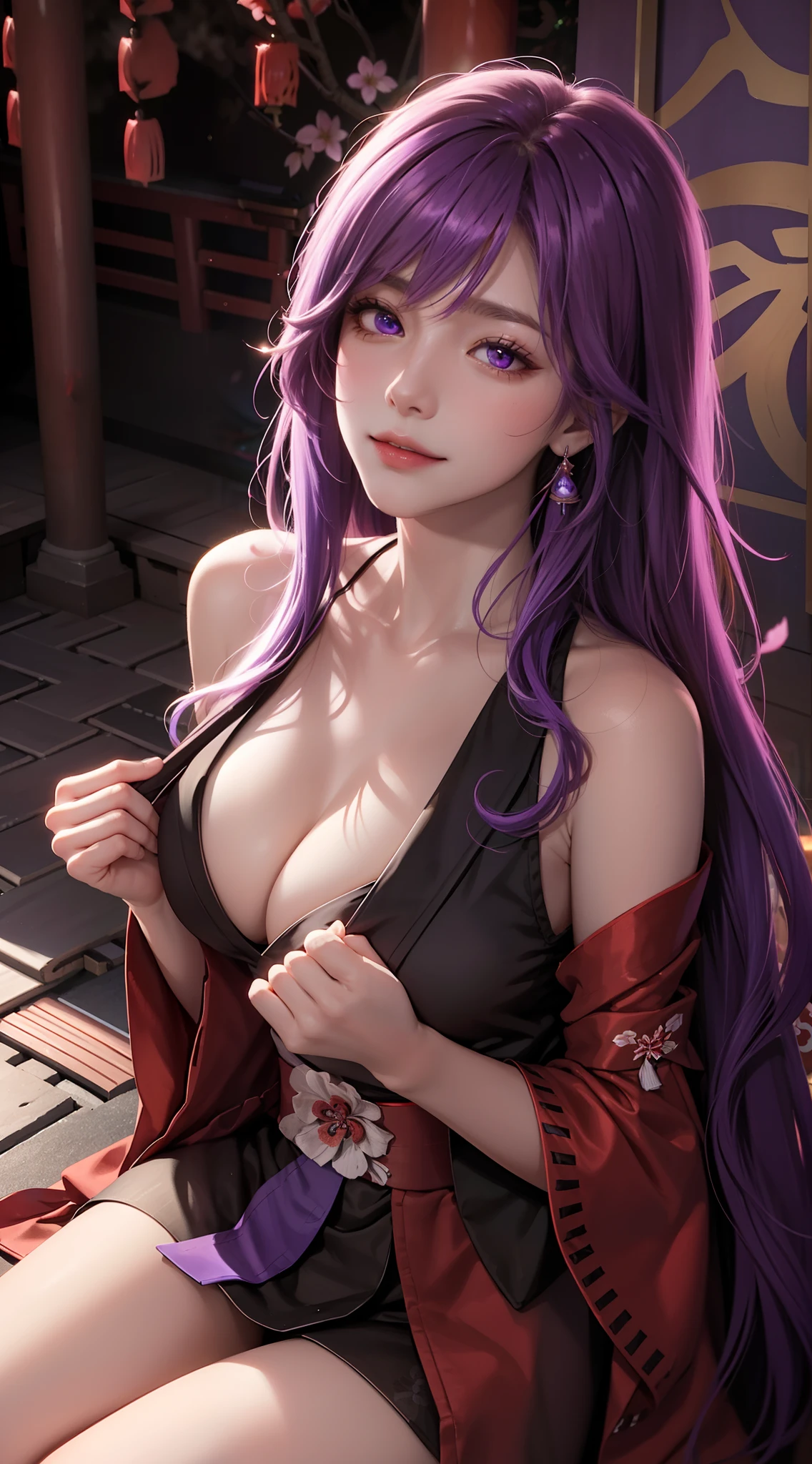 （t masterpiece, Need,1girll, Solo, Intricate details, Looking up perspective, color difference), real photo,(facade), (shoulder cut), cleavage, Close-up, smile, Sexy enhancement,Yae Miko, Purple blue hair, purple blue accents, purple eyes, sharp look, perfectly symmetrical figure, neon shirt, revealing jacket, sweater, leaning against the wall, brick wall, scribbles, dim lights, alleyway, looking at the viewer.（（evil streaks, cleavage is seductive, big breasts are enchanting)），（（（cherry blossom background) )),((((Japanese temple background)))), (((Shine in- dark background)))