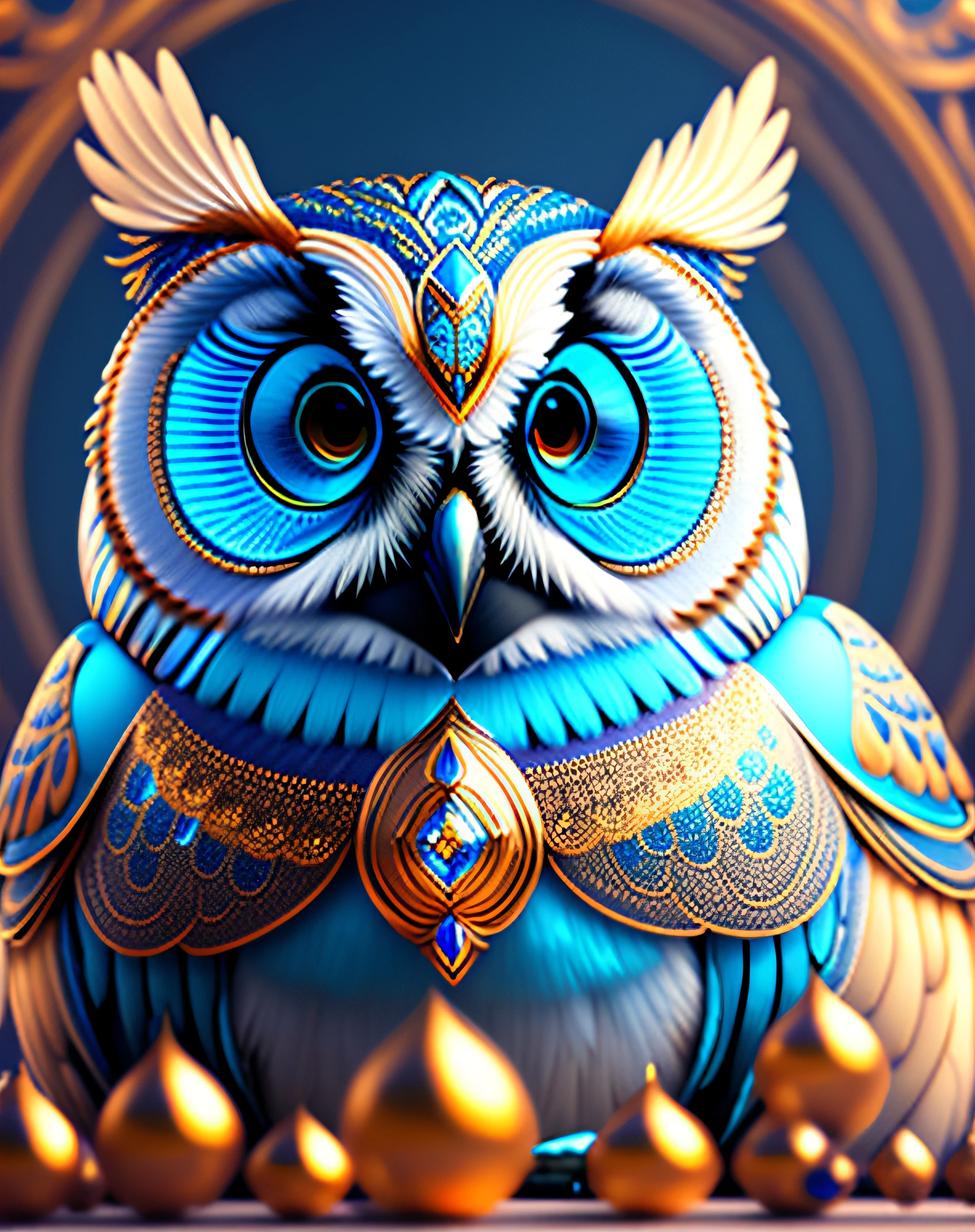 digital painting of a blue eyed owl, unreal engine rendering + goddess, highly detailed, beeple global illumination, exquisite ornate jewelry, trending on cgisociety, motion graphics, rossdraws global illumination, cgsociety