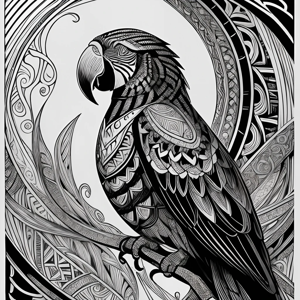 parrot, black and white, zentangle (best quality) ultra-detailed, fine line drawing, fine line art, coloring book illustration style, intricate linework, highly detailed illustration, perfect composition, beautiful and stunning, dynamic angle, high contrast, incredible shading, incredible detail, unique style, black and white details, (dark and mystical atmosphere), intricate and detailed nature elements.