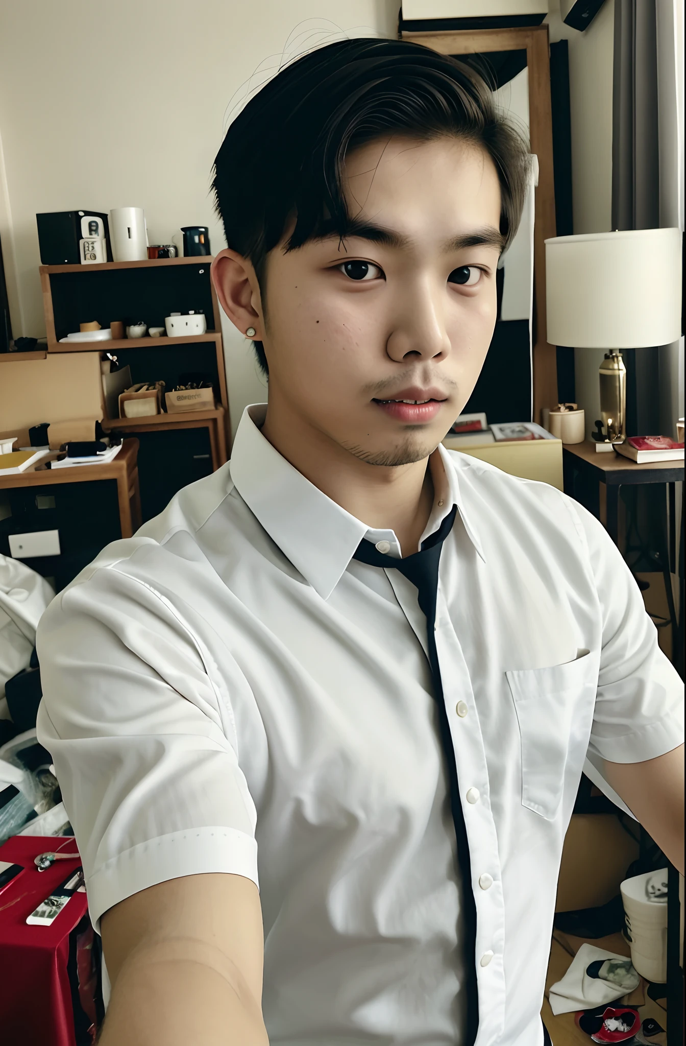 there is a boy taking a selfie in a messy room, south east asian with round face, 2 7 years old, without mustache, thawan duchanee, 2 8 years old, 2 3 years old, with mustache, young cute wan asian face, clean shaven face, 8k selfie photograph, 2 2 years old, asian male, 2 9 years old