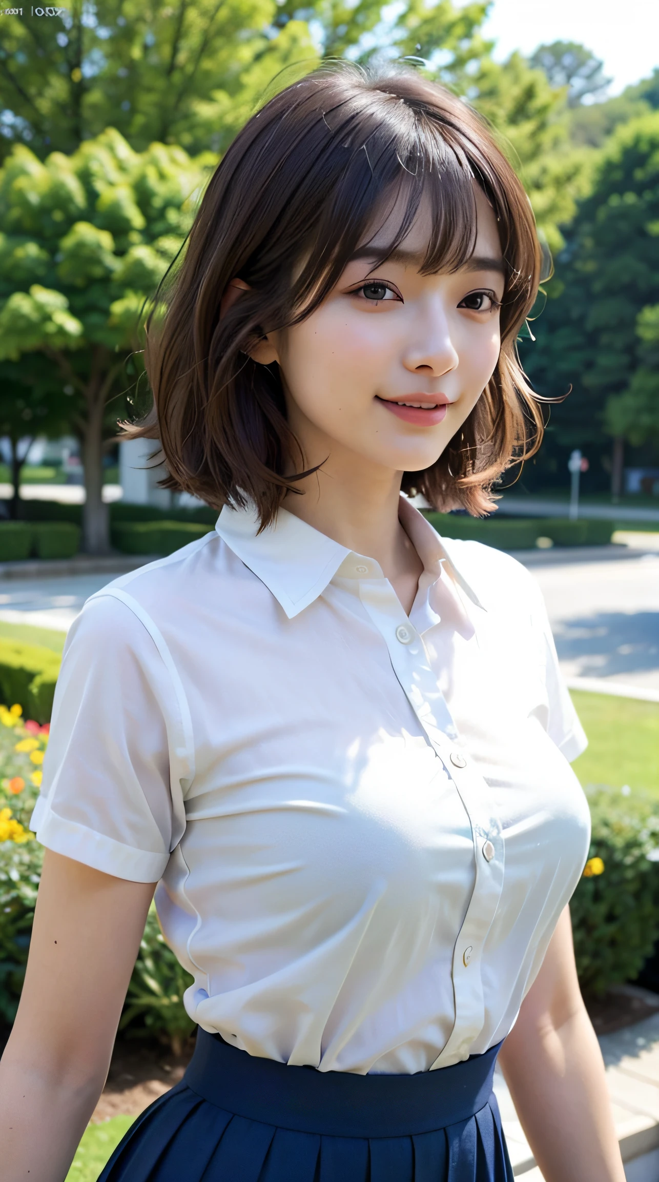 best quality, photorealistic, 8k, high res, 1girl, woman, (skindentation), (professional lighting), (portrait:0.6), (soaked White blouse, soaked Dark Skirt, ), gorgeous, (soaked short black hair:1), ((looking at viewer:1.5)), photorealistic, (bokeh), (dynamic pose:1.2), intense lighting to face area, lips, (teeth:1.3), smile, Dark Clouds, heavy rain, realistic rain effect