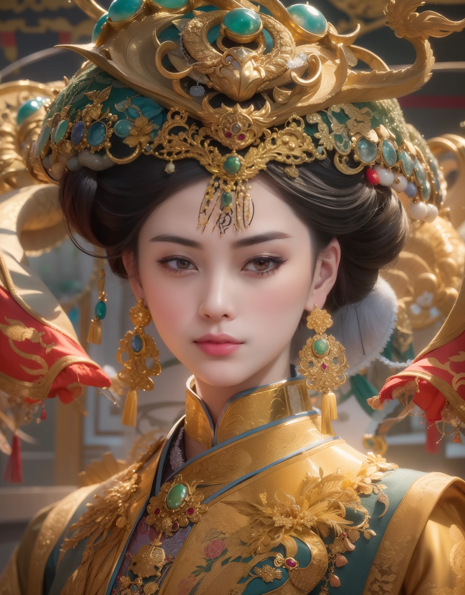 1 Empress of China, golden jewelery, ancient China, shiny fabrics, makeup, Masterpiece, Chinese Luxury, portraite of a, a closeup of a, jade, Ao fundo, You can see the Forbidden City, Dragon Spirit, radiance, shiny pollen, Elegantly, filigree, Cinematic, 4k