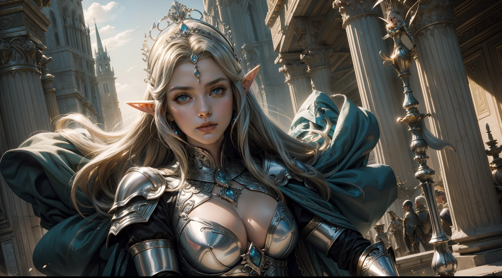 Female elf，Large breasts，Silver armor，tiara crown，dramatics，dynamicposes，The background is the palace，（Mid-range portrait：1.3），rays of sunshine，sceptre