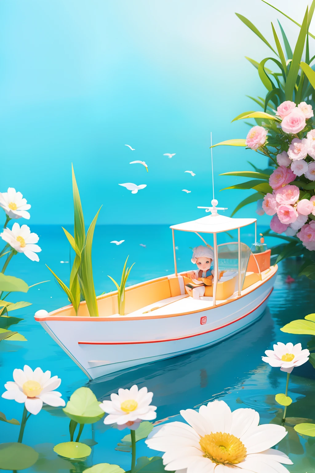 younge boy,carp,On the cute little boat,The water is full of flowers,Best quality at best,Beautiful colors,Bright colors,Transparent gloss,Glass texture