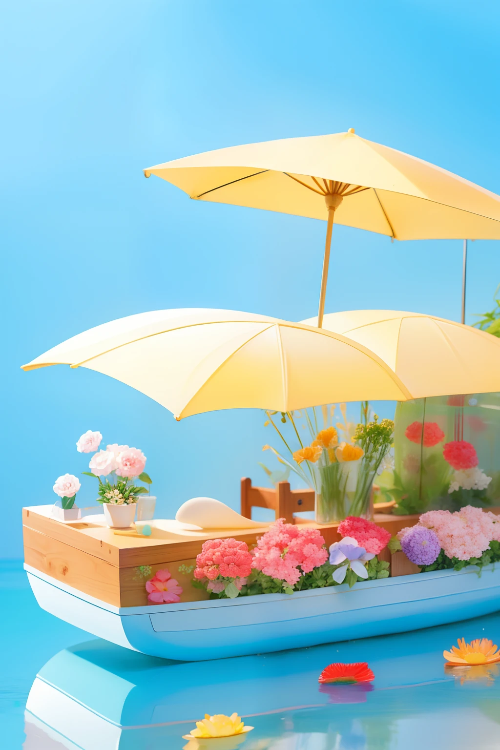 younge boy，carp，On the cute little boat，The water is full of flowers，Best quality at best，Beautiful colors，Bright colors，Transparent gloss，Glass texture