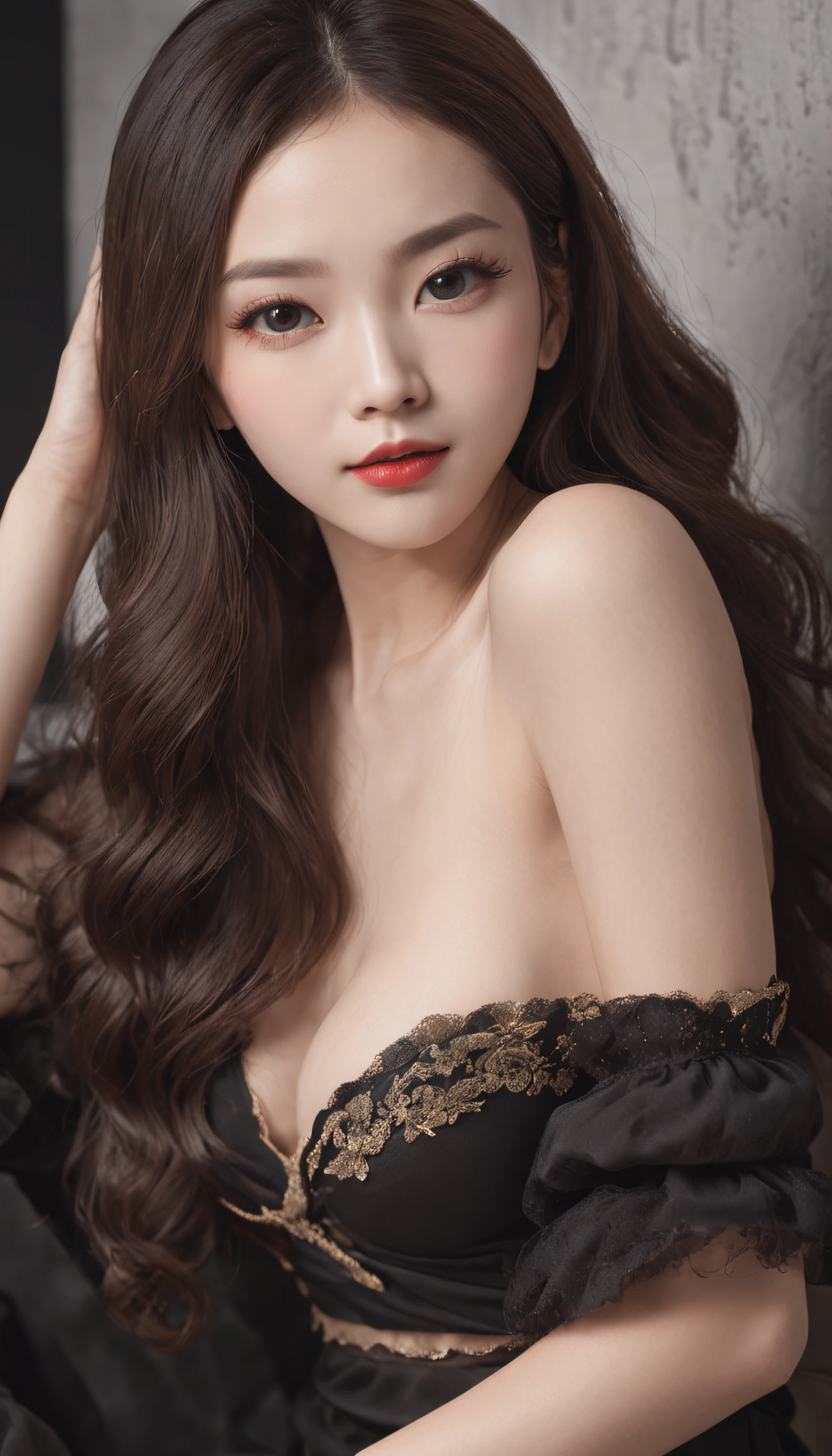 Full body portrait of a beautiful Chinese girl，She sat on the bed，facing to audience，Reveals slender legs，A delicate round face，of long curly white hair，exquisite facial features，watery big eyes，Perfect double eyelids，Seductive red lips，Perfect lip shape，Perfect eyebrow shape，Smiling reveals two small dimples，She has a perfect figure，Glowing fair skin，She wears a delicate bra，Exposes the delicate collarbone，Pure lust，White sheets，Fluffy white pillows，8K distribution rate，ultra-clear，detail-rich，Works of masters，Highly realistic，album covers，classicism，high detal